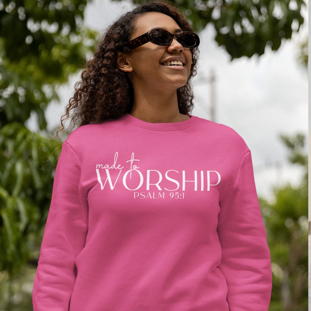 Made to Worship Women's Fleece Unisex - Fit Sweatshirt Navy / Pink Heliconia - Jesus Passion Apparel