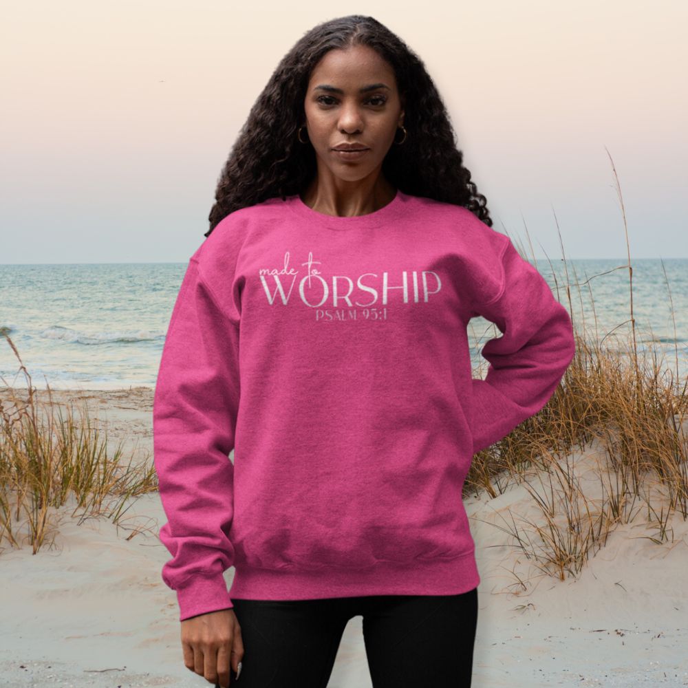 Made to Worship Women's Fleece Unisex - Fit Sweatshirt Navy / Pink Heliconia - Jesus Passion Apparel