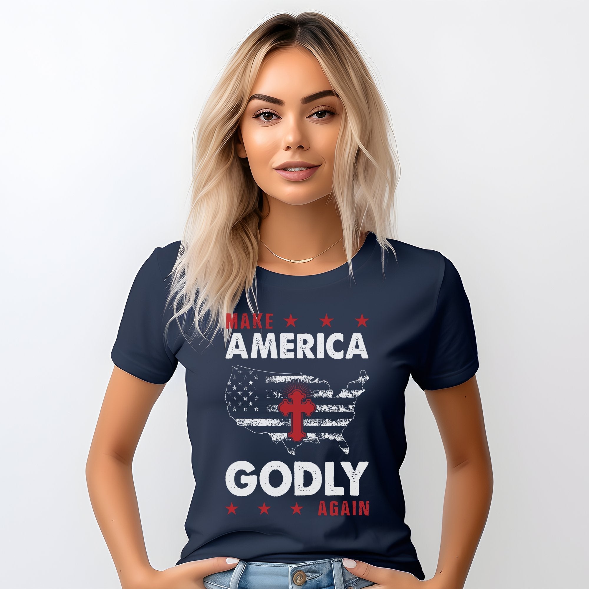 Make America Godly Again Women's Short Sleeve Patriotic T-shirt - Jesus Passion Apparel