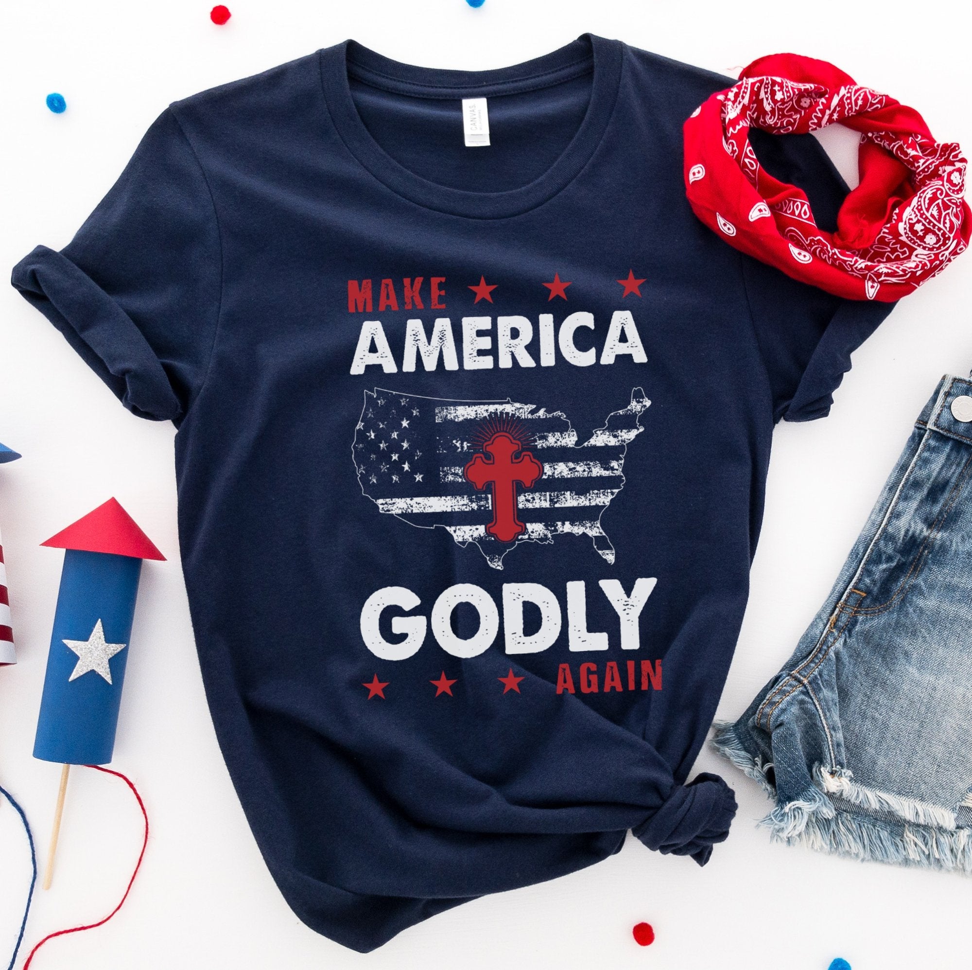 Make America Godly Again Women's Short Sleeve Patriotic T-shirt - Jesus Passion Apparel