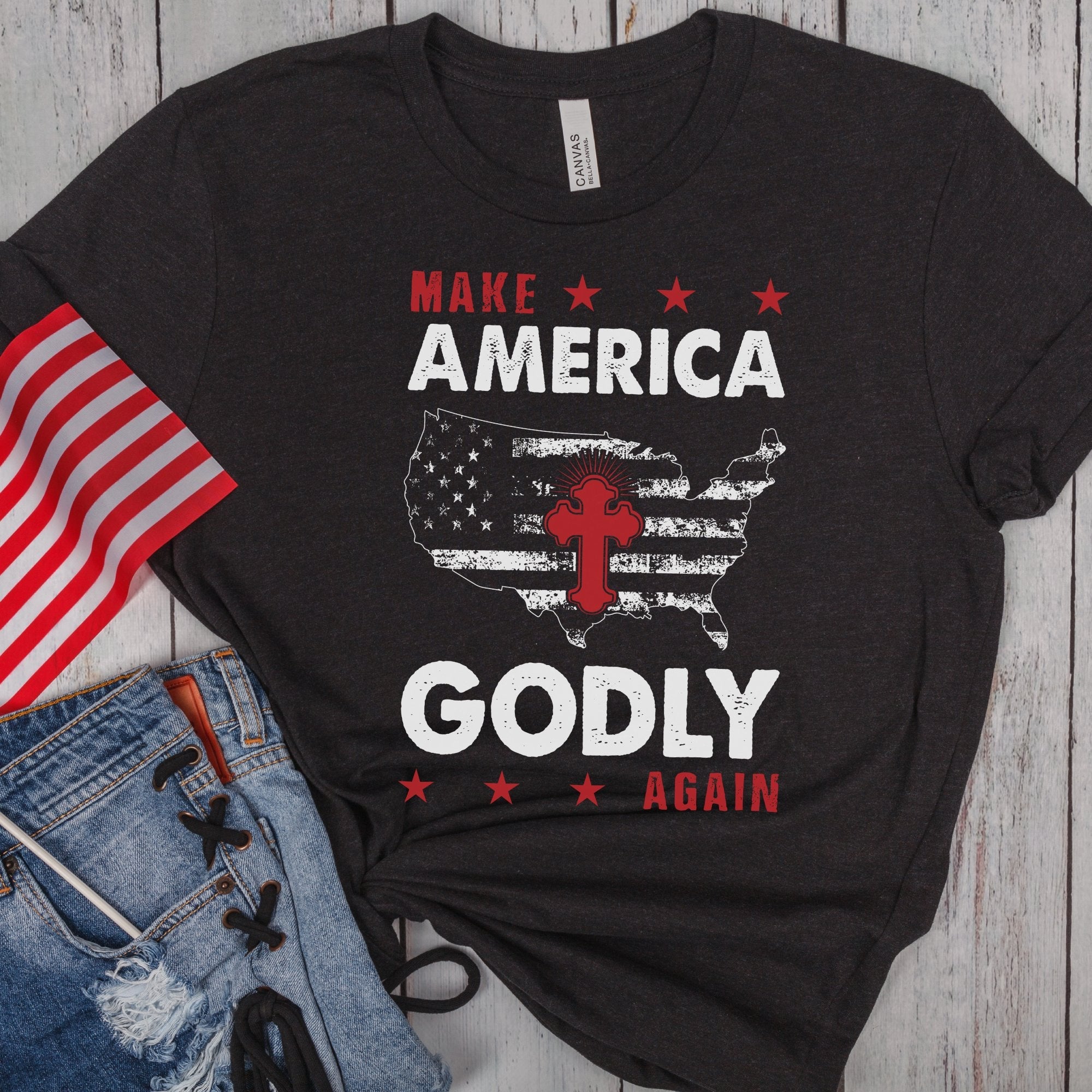 Make America Godly Again Women's Short Sleeve Patriotic T-shirt - Jesus Passion Apparel