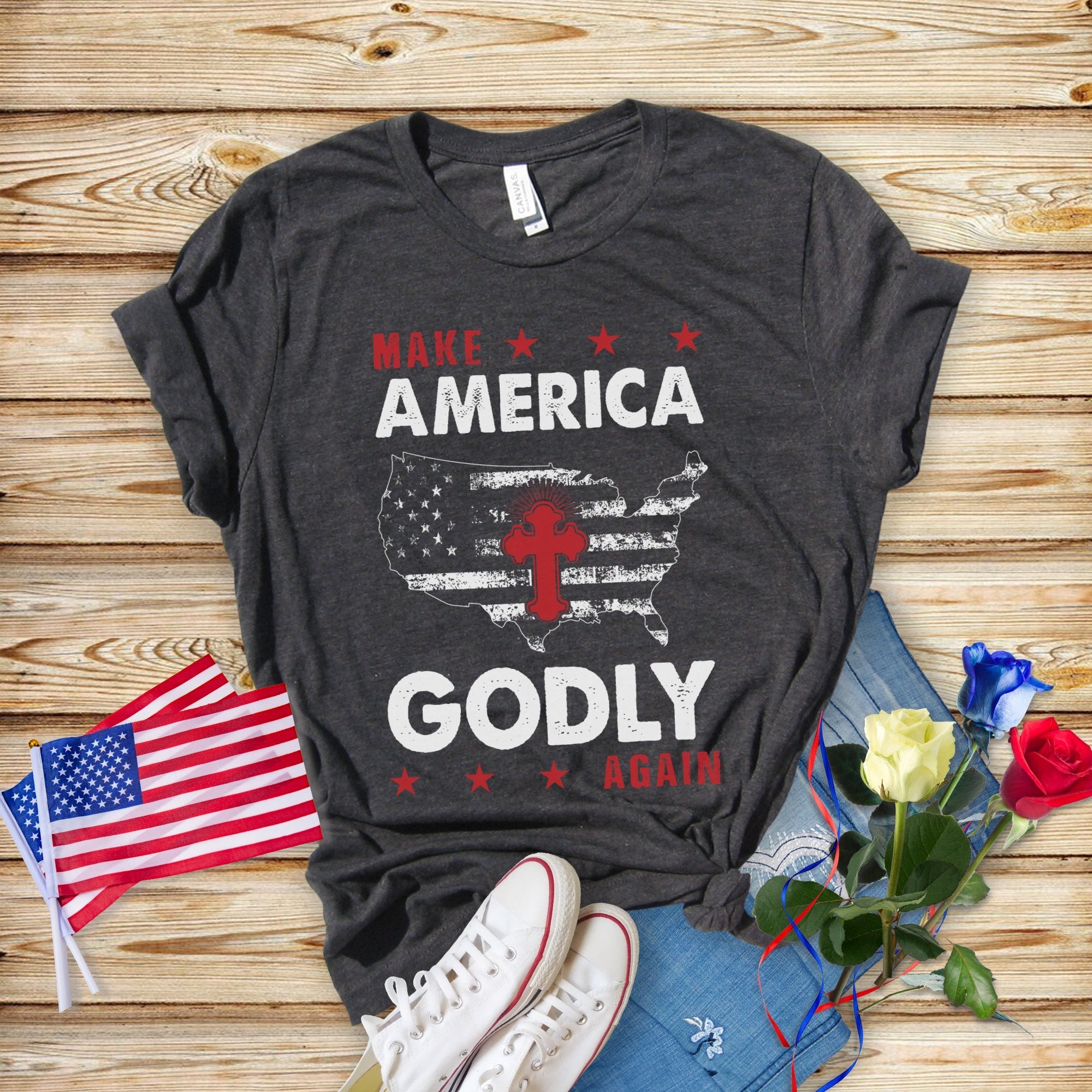 Make America Godly Again Women's Short Sleeve Patriotic T-shirt - Jesus Passion Apparel