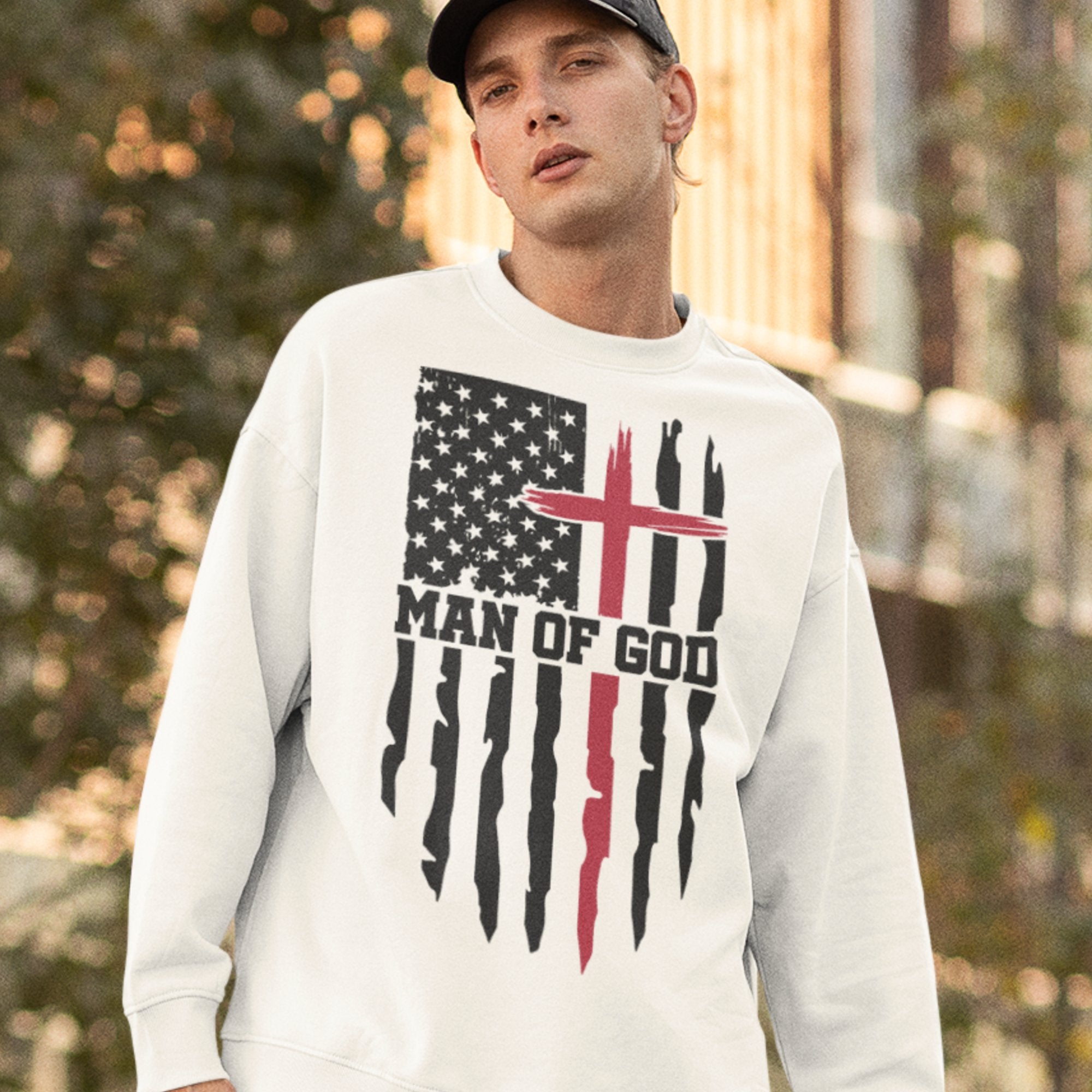 Man of God American Flag Cross Men's Unisex - Fit Fleece Sweatshirt - White - Jesus Passion Apparel