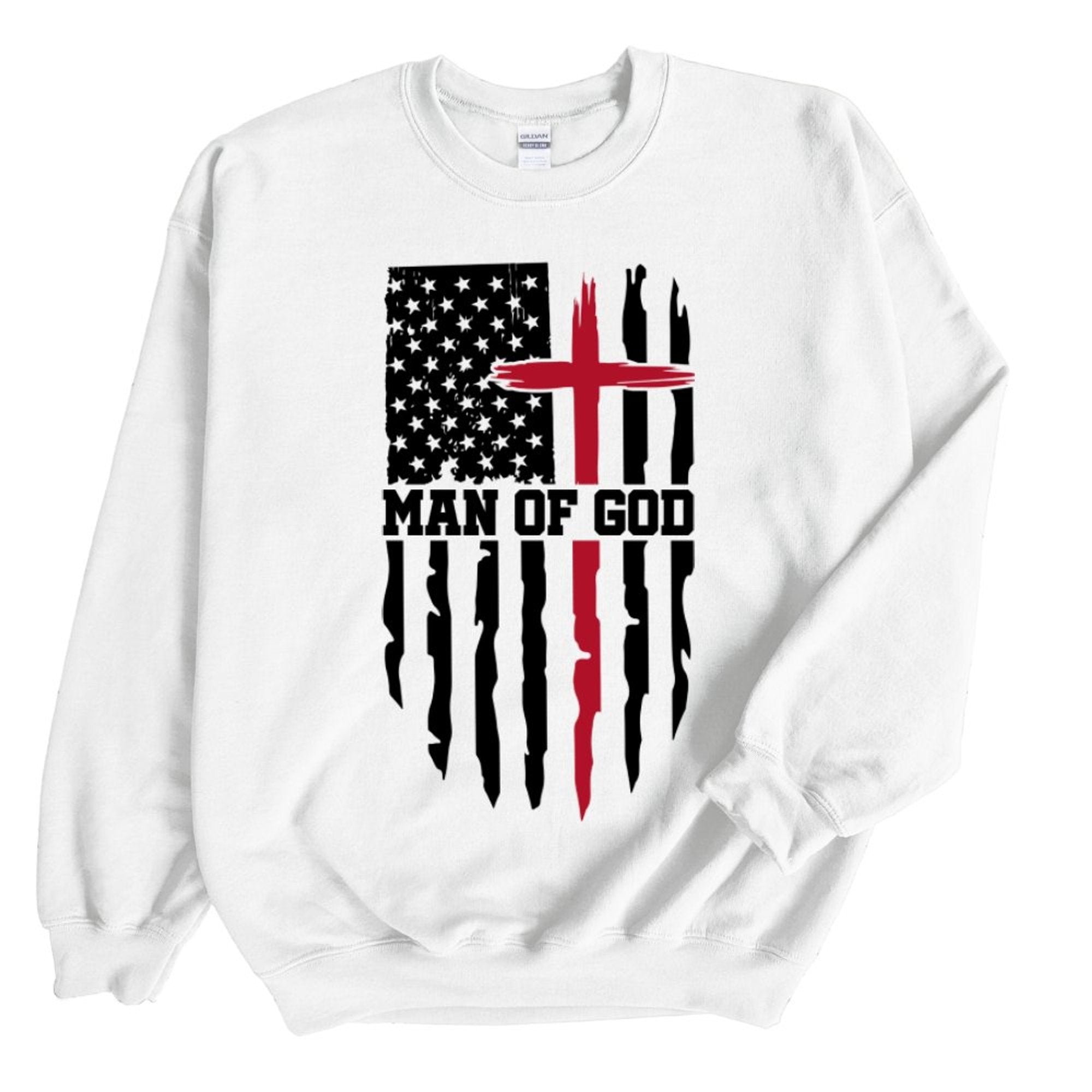 Man of God American Flag Cross Men's Unisex - Fit Fleece Sweatshirt - White - Jesus Passion Apparel