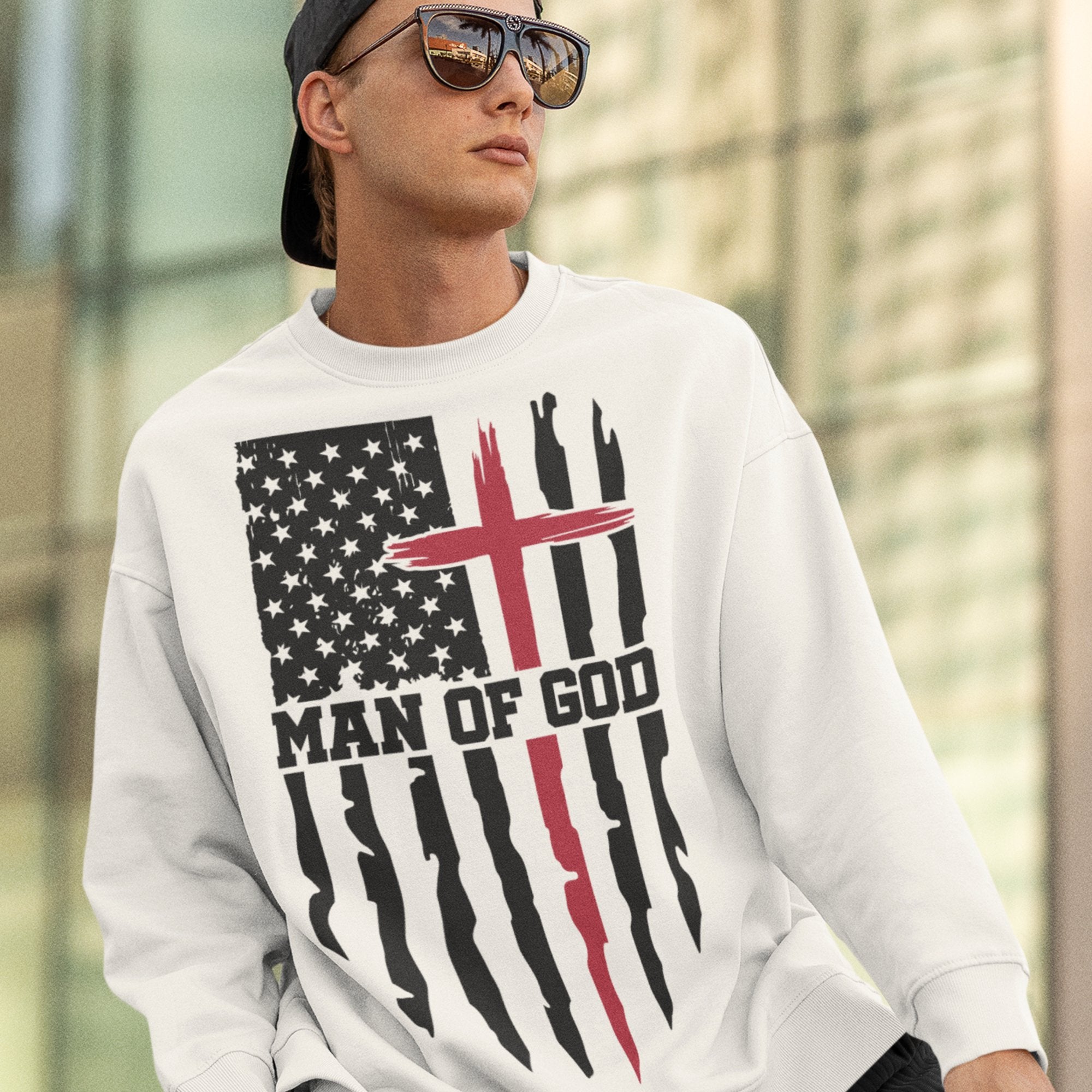 Man of God American Flag Cross Men's Unisex - Fit Fleece Sweatshirt - White - Jesus Passion Apparel