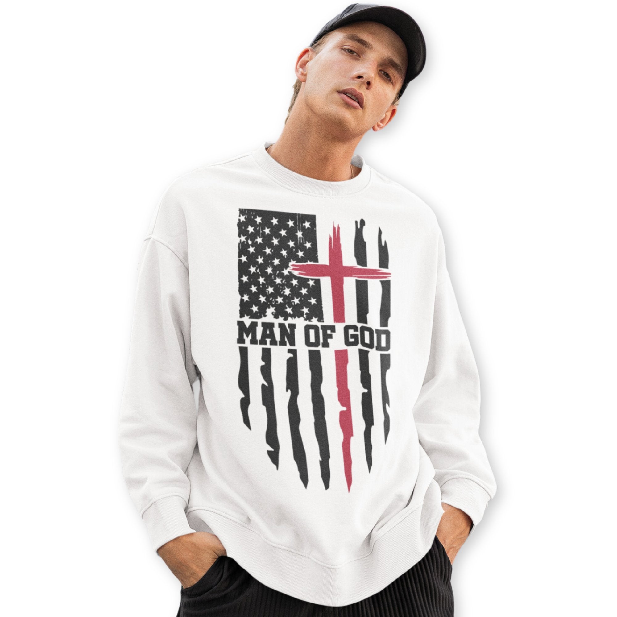 Man of God American Flag Cross Men's Unisex - Fit Fleece Sweatshirt - White - Jesus Passion Apparel