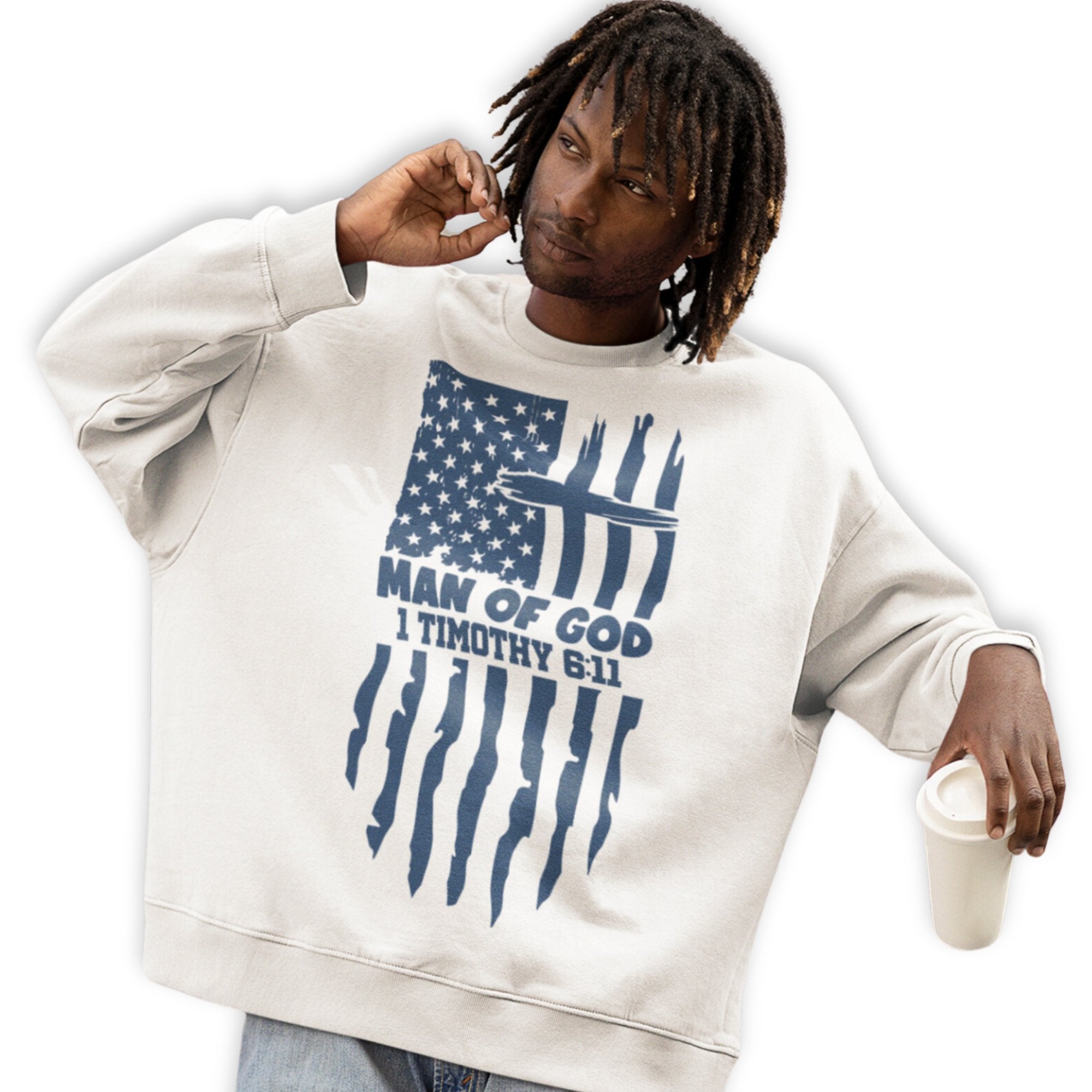 Man of God American Flag Men's Unisex - Fit Fleece Sweatshirt - White - Jesus Passion Apparel