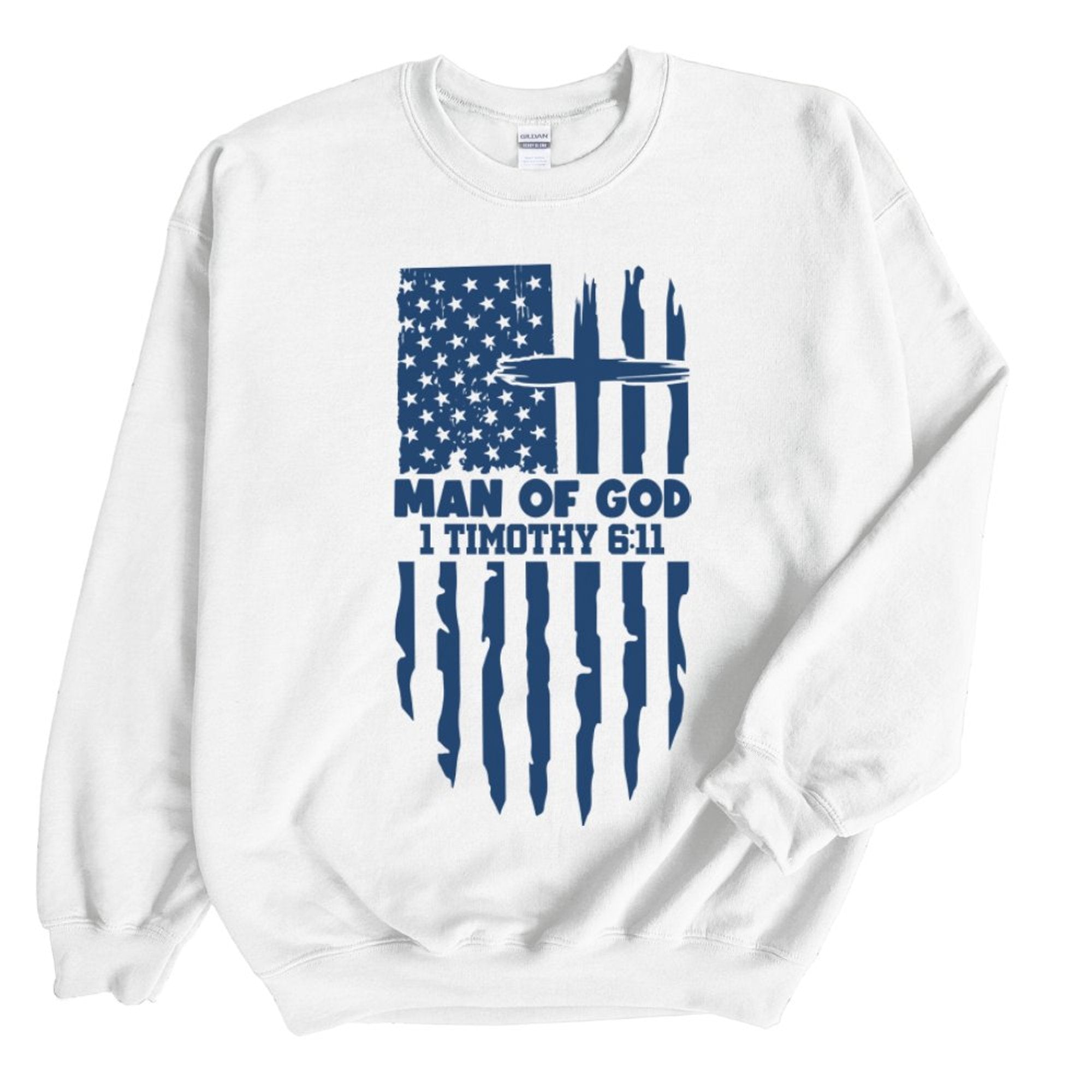 Man of God American Flag Men's Unisex - Fit Fleece Sweatshirt - White - Jesus Passion Apparel