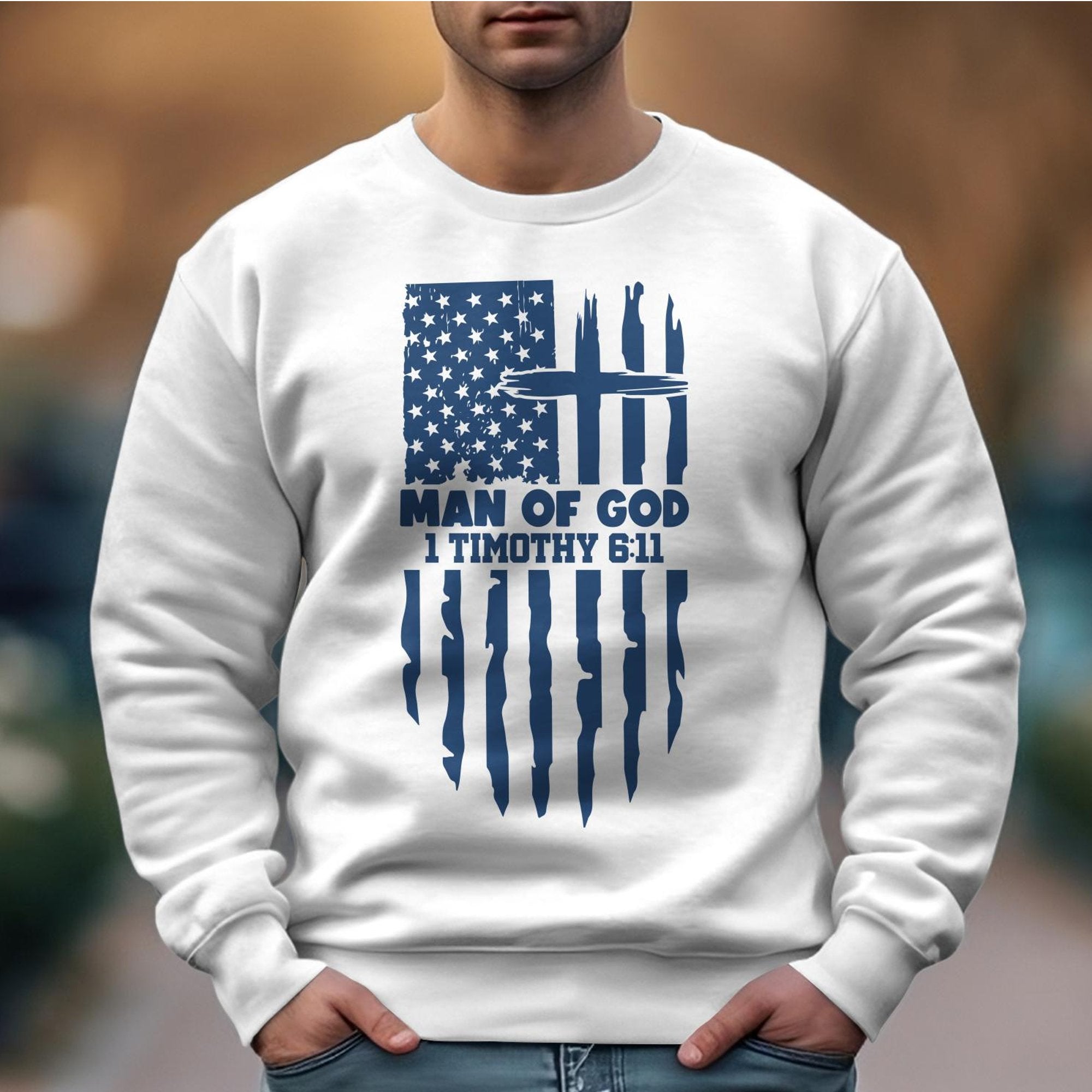 Man of God American Flag Men's Unisex - Fit Fleece Sweatshirt - White - Jesus Passion Apparel