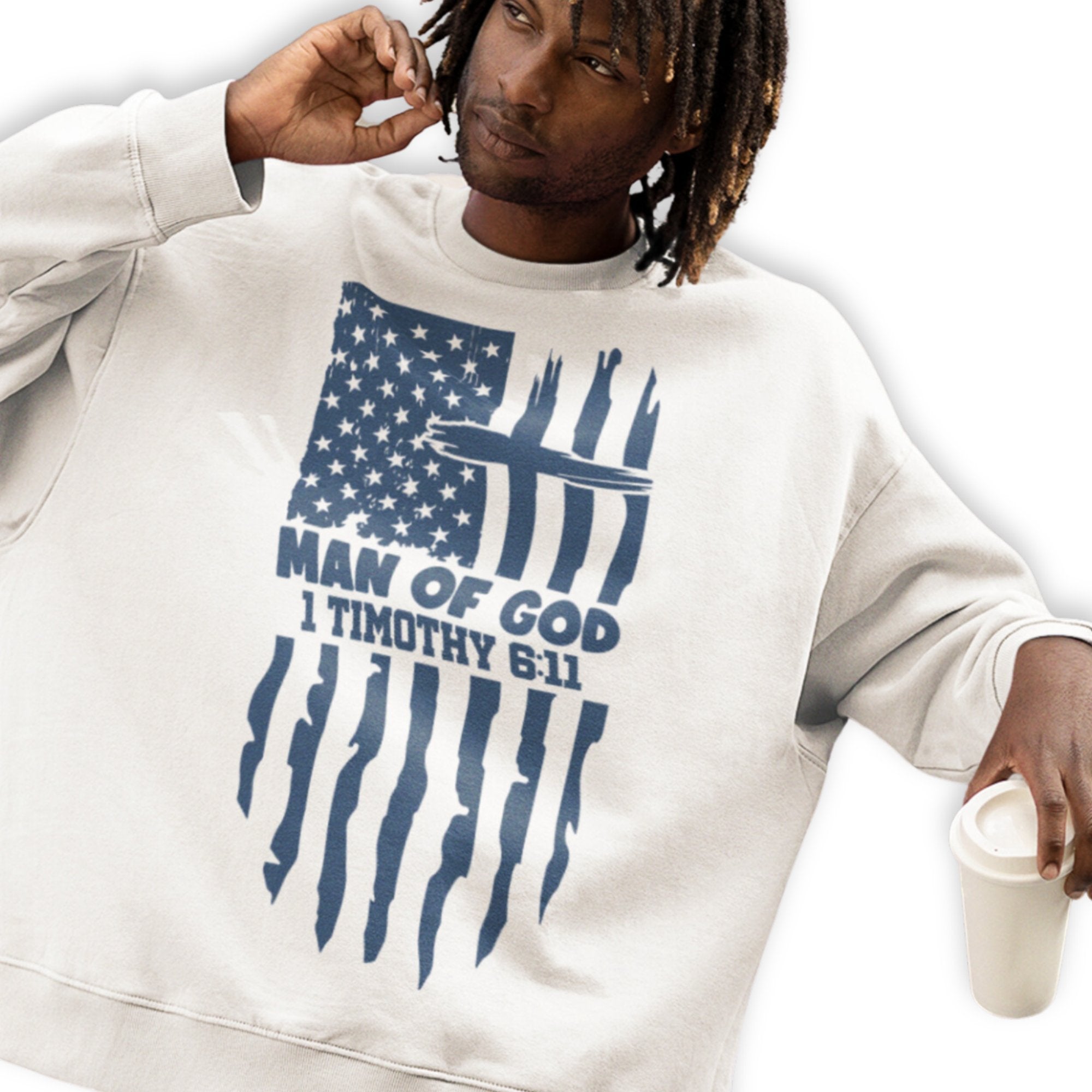 Man of God American Flag Men's Unisex - Fit Fleece Sweatshirt - White - Jesus Passion Apparel