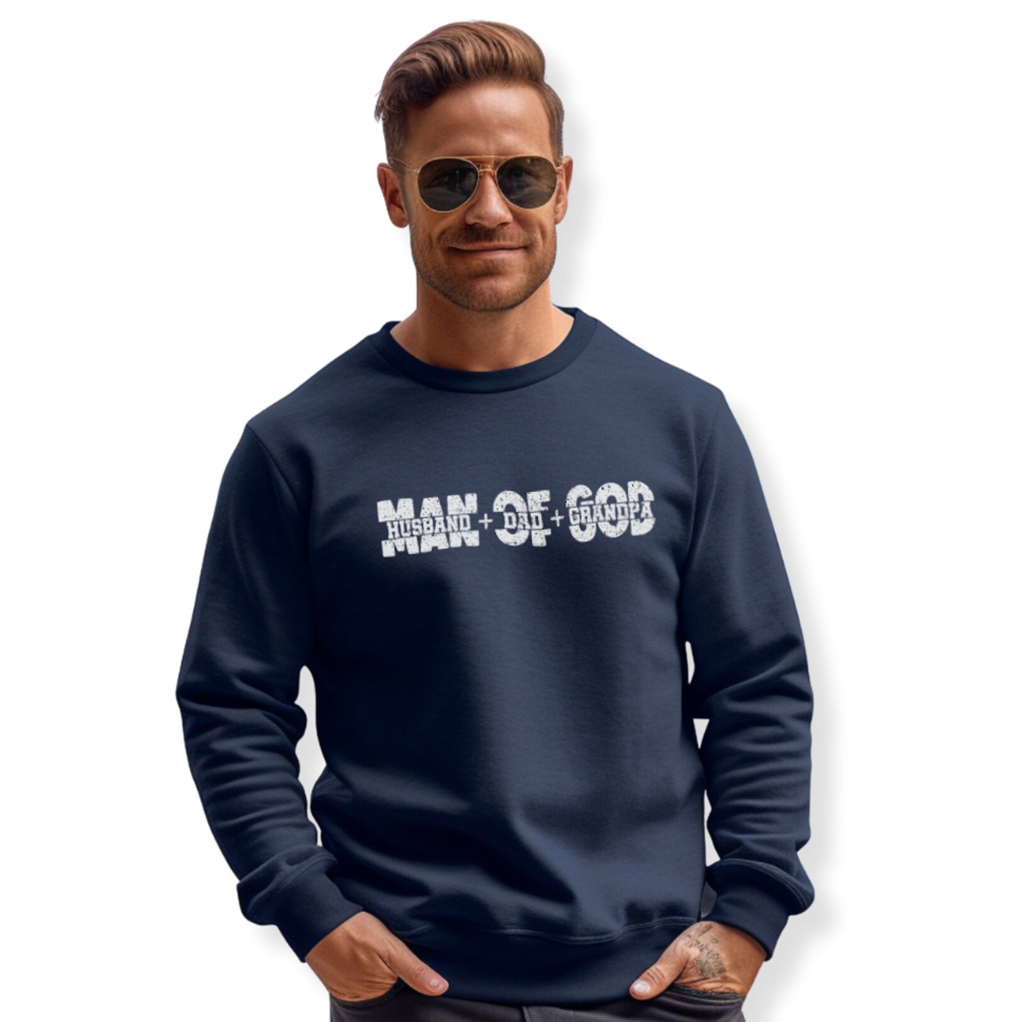 Man of God Husband, Dad, Grandpa Men's Unisex - Fit Fleece Sweatshirt - Navy - Jesus Passion Apparel