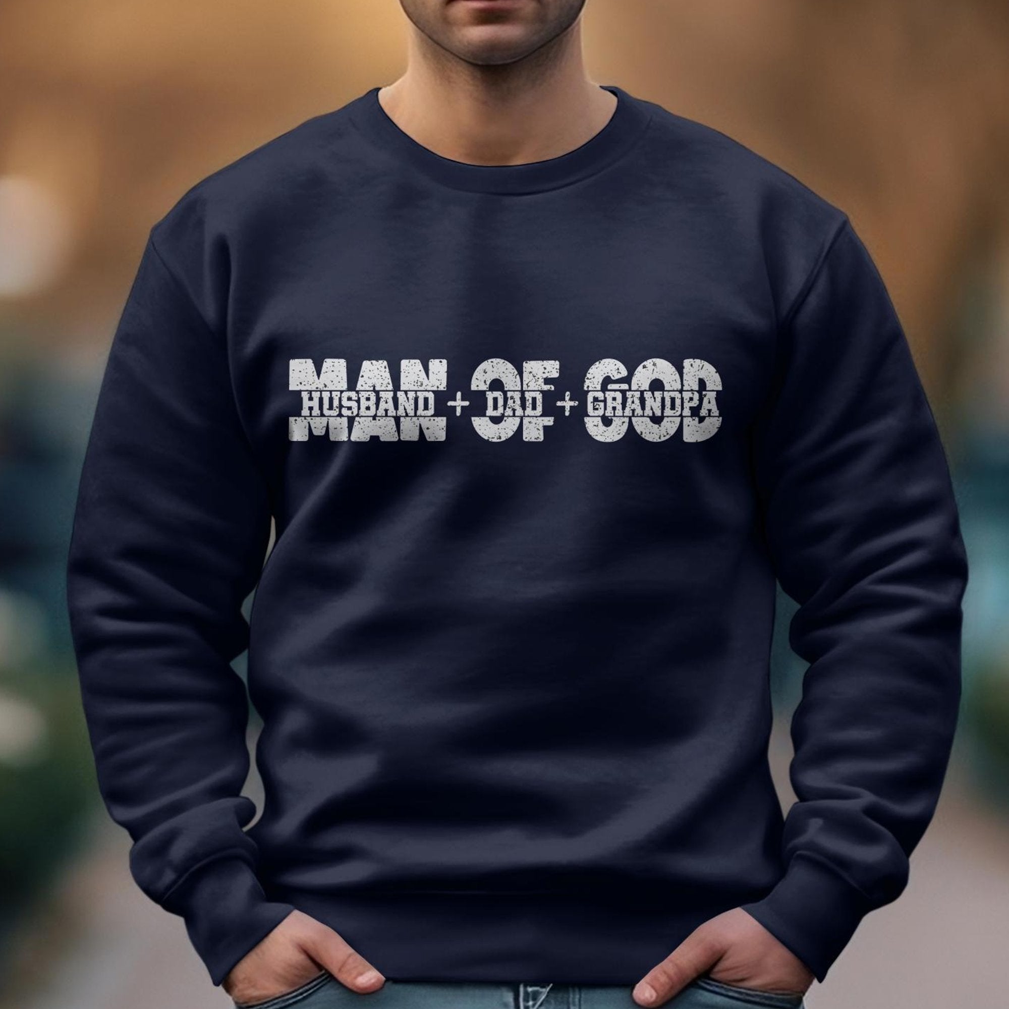 Man of God Husband, Dad, Grandpa Men's Unisex - Fit Fleece Sweatshirt - Navy - Jesus Passion Apparel