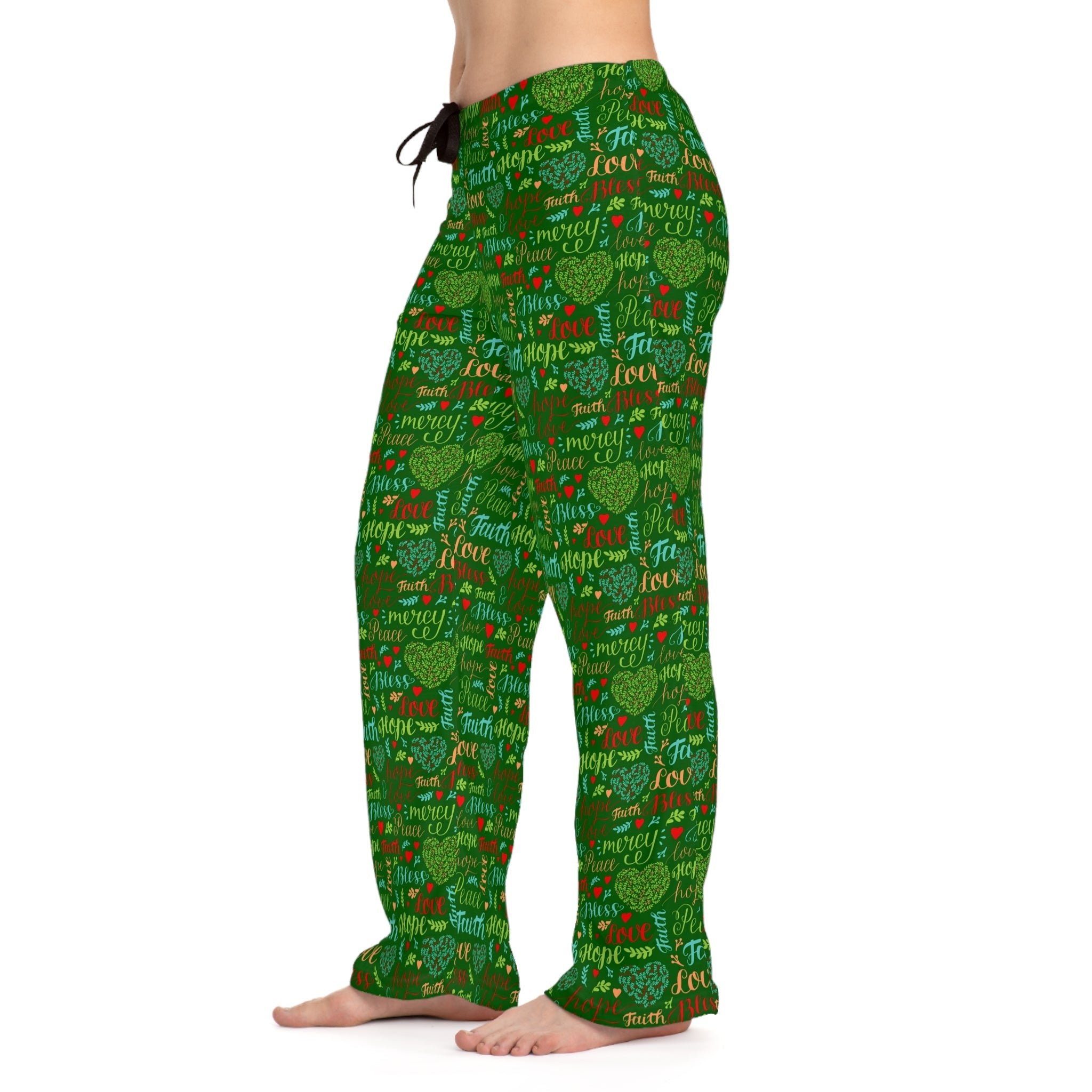 Mercy Peace Hope & Love Women's Green Lounge / Pajama Pants - Matching Pajama Set and Indoor Slippers Available - Jesus Passion Apparel