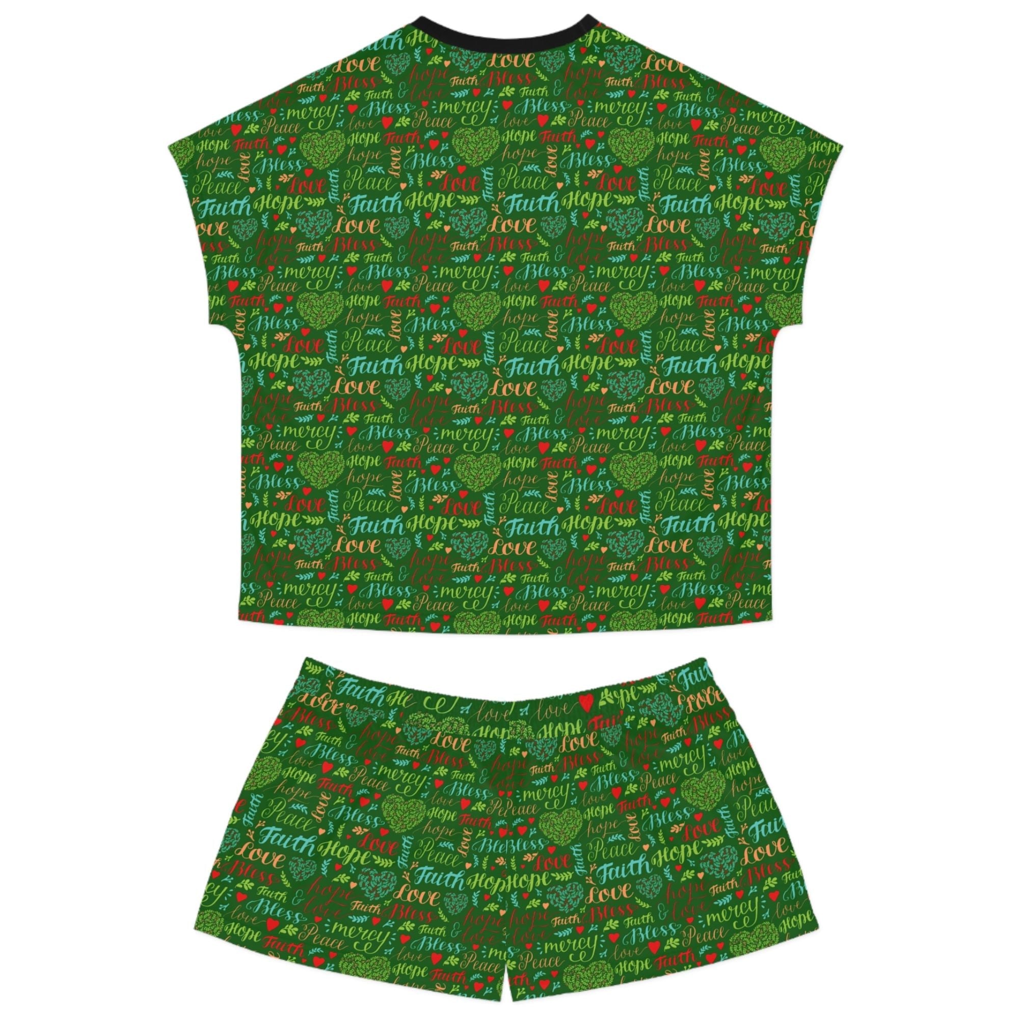 Mercy Peace Hope & Love Women's Green Short Pajama Set - Matching Lounge / Pajama Pants and Indoor Slippers Available - Jesus Passion Apparel