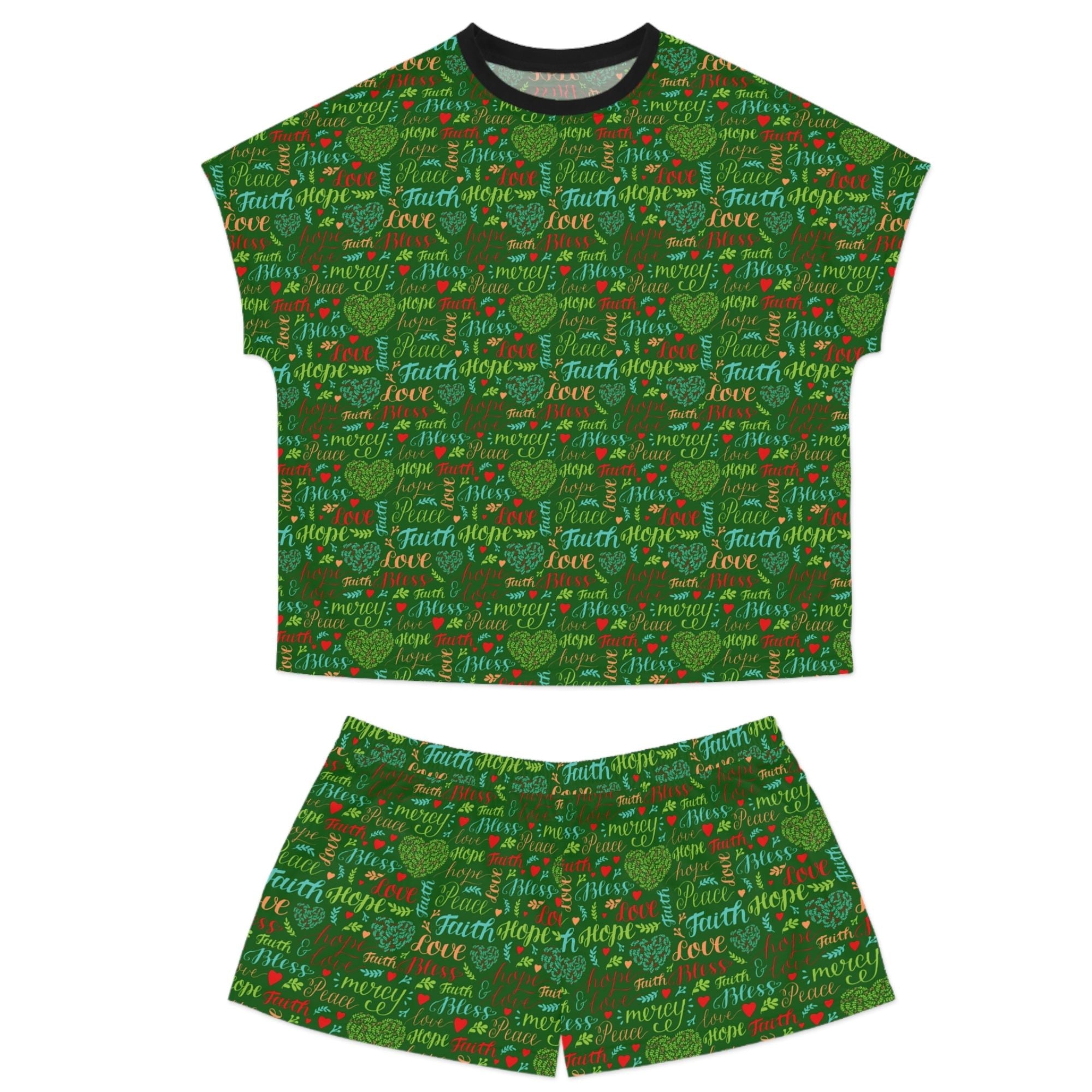 Mercy Peace Hope & Love Women's Green Short Pajama Set - Matching Lounge / Pajama Pants and Indoor Slippers Available - Jesus Passion Apparel