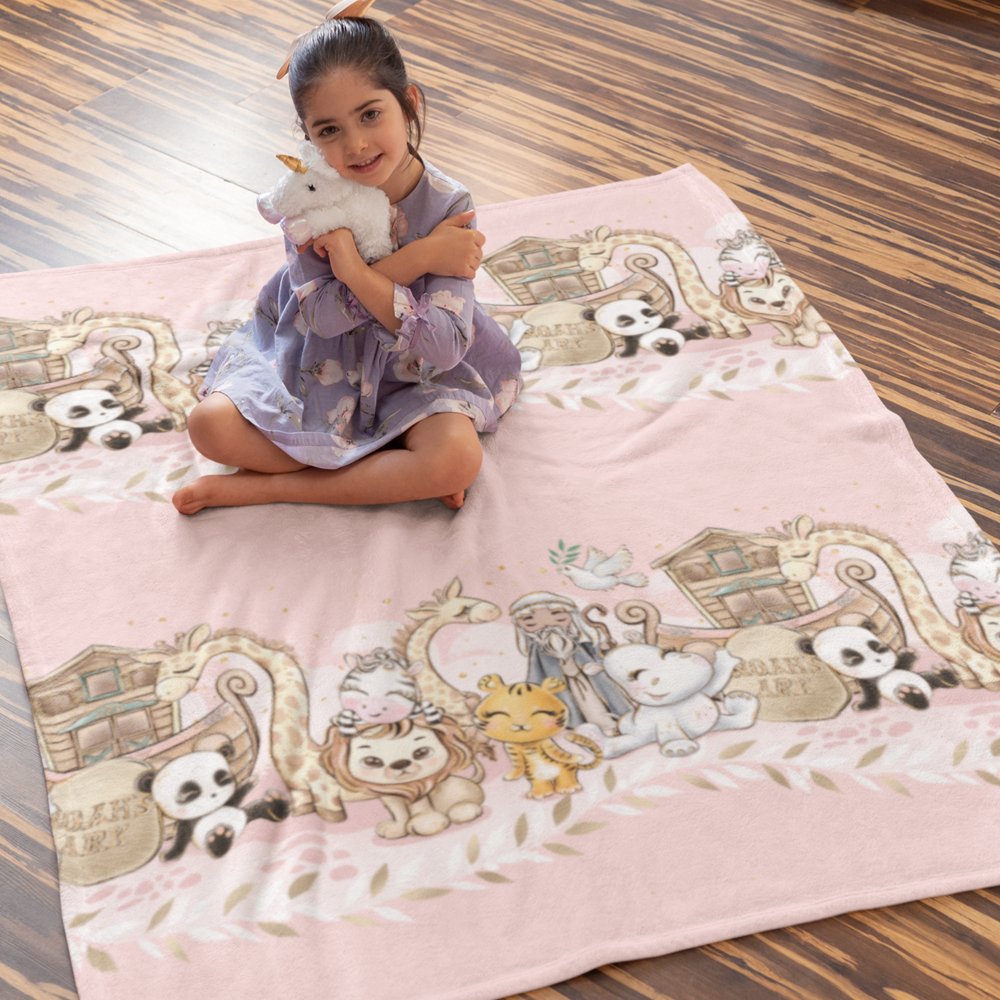 Noahs Ark - Pink Dove and Olive Leaf Soft Fleece Baby Blanket - Jesus Passion Apparel