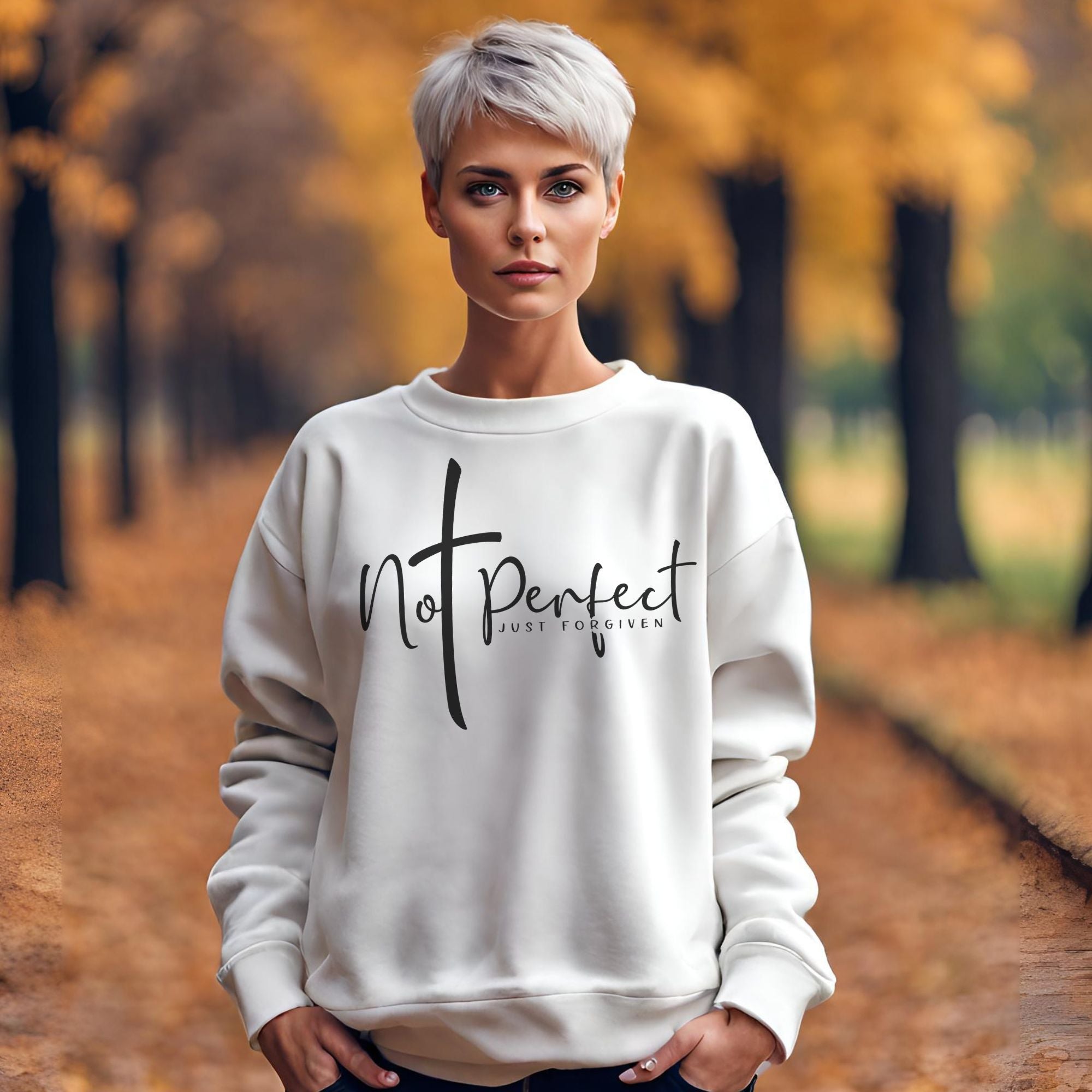 Not Perfect Just Forgiven Women's Fleece Unisex - Fit Sweatshirt White / Sport Grey - Jesus Passion Apparel