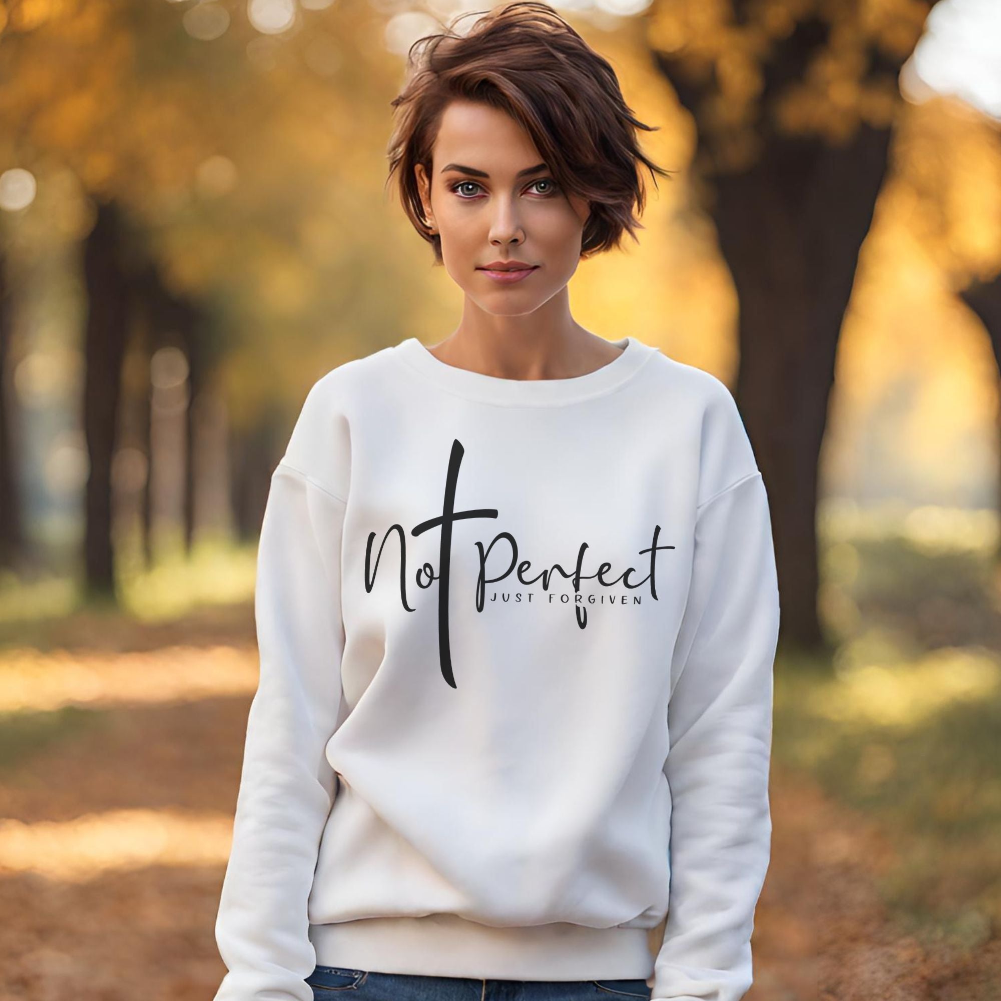 Not Perfect Just Forgiven Women's Fleece Unisex - Fit Sweatshirt White / Sport Grey - Jesus Passion Apparel