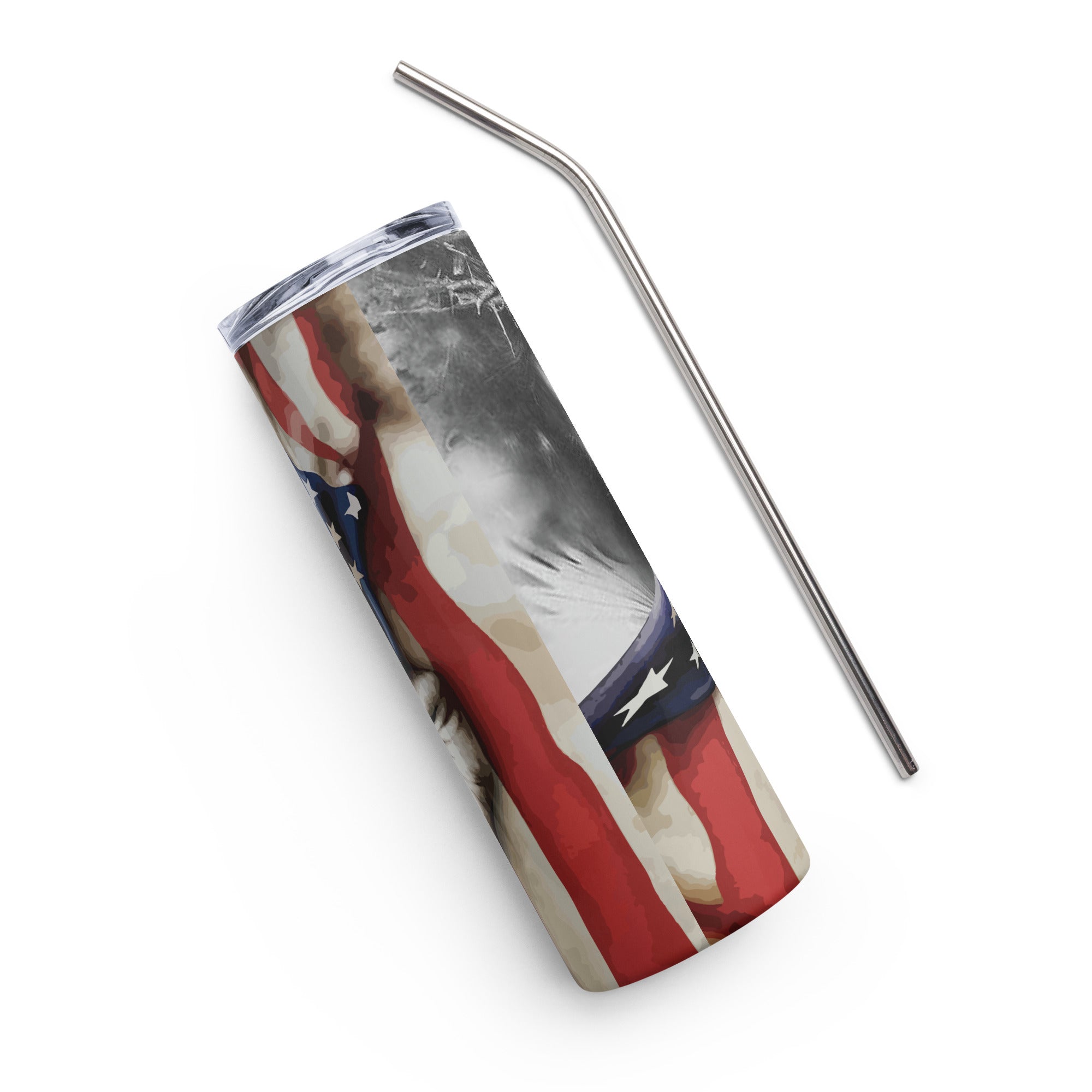 Patriotic Jesus Cross American Flag Tumbler 20 oz - Stainless Steel Straw - Jesus Passion Apparel