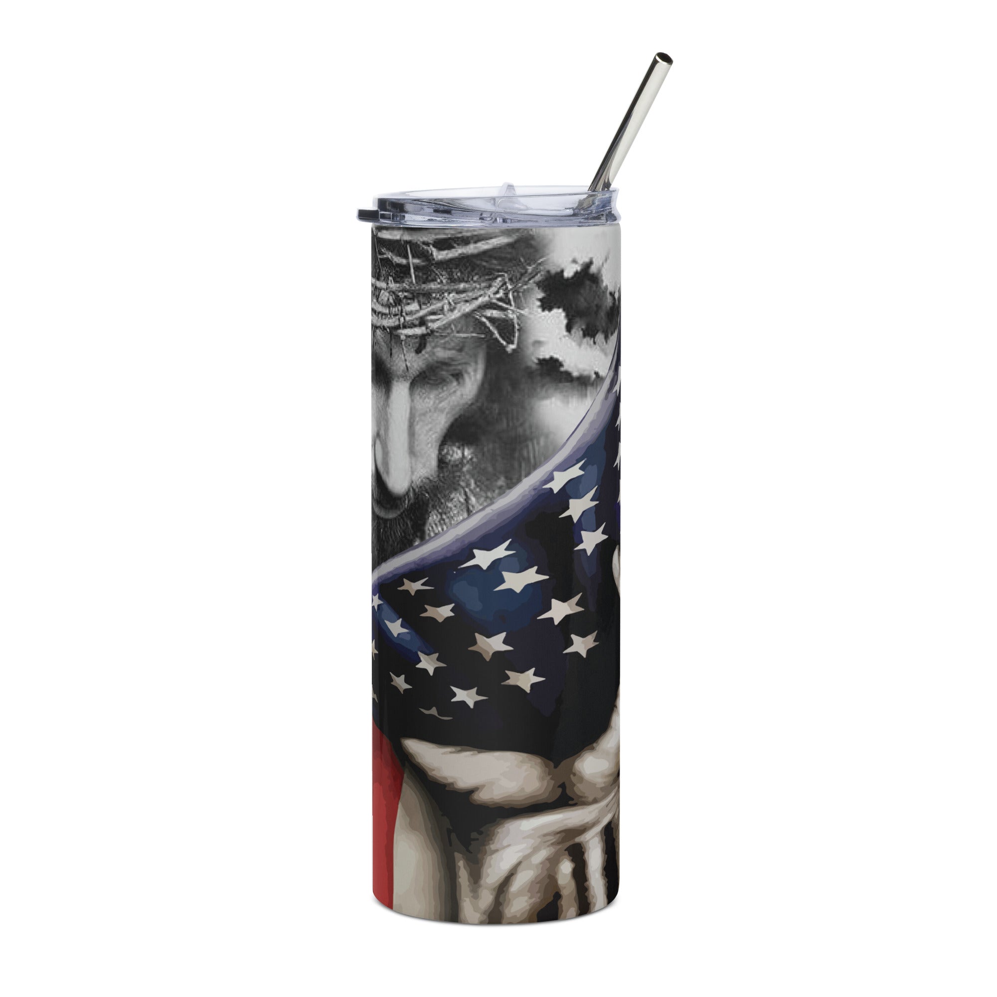 Patriotic Jesus Cross American Flag Tumbler 20 oz - Stainless Steel Straw - Jesus Passion Apparel