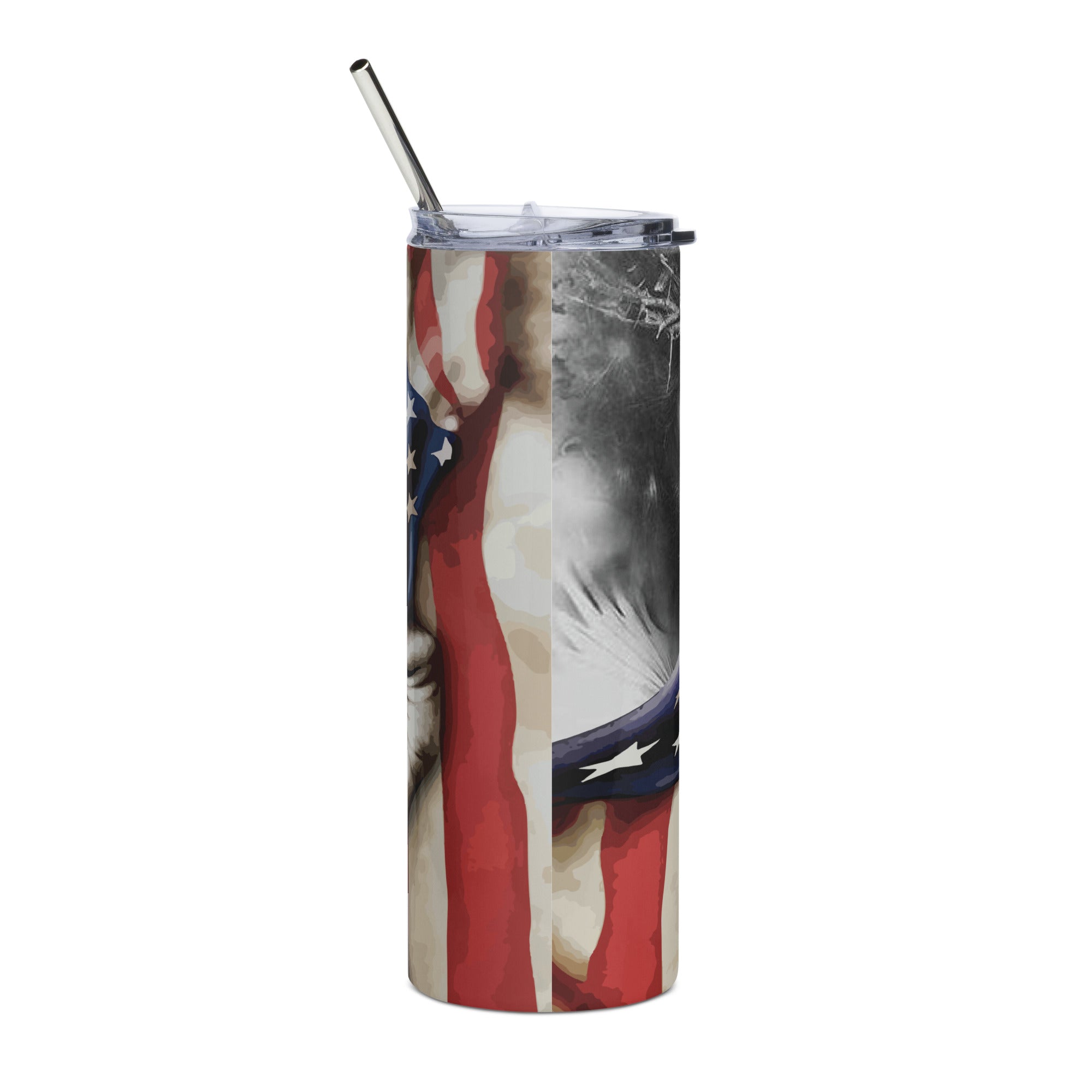 Patriotic Jesus Cross American Flag Tumbler 20 oz - Stainless Steel Straw - Jesus Passion Apparel