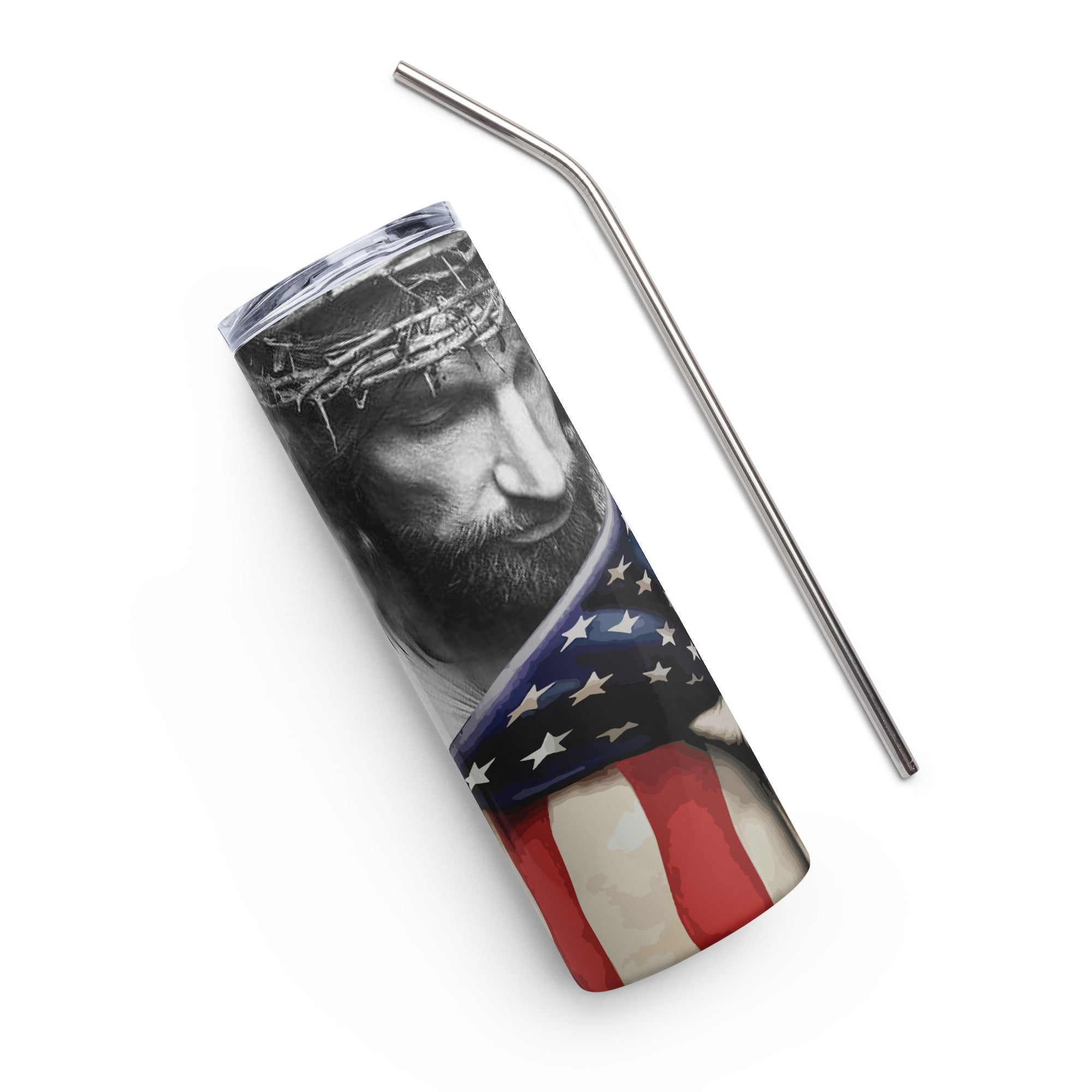 Patriotic Jesus Cross American Flag Tumbler 20 oz - Stainless Steel Straw - Jesus Passion Apparel