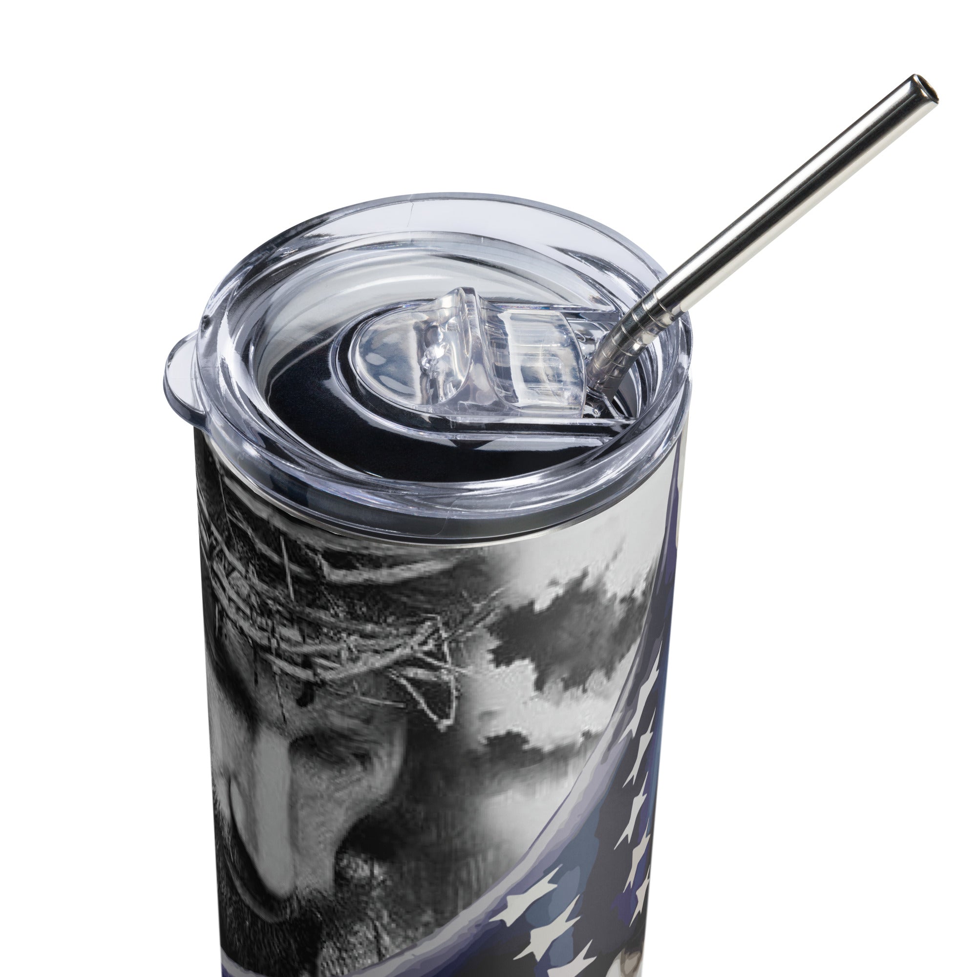 Patriotic Jesus Cross American Flag Tumbler 20 oz - Stainless Steel Straw - Jesus Passion Apparel