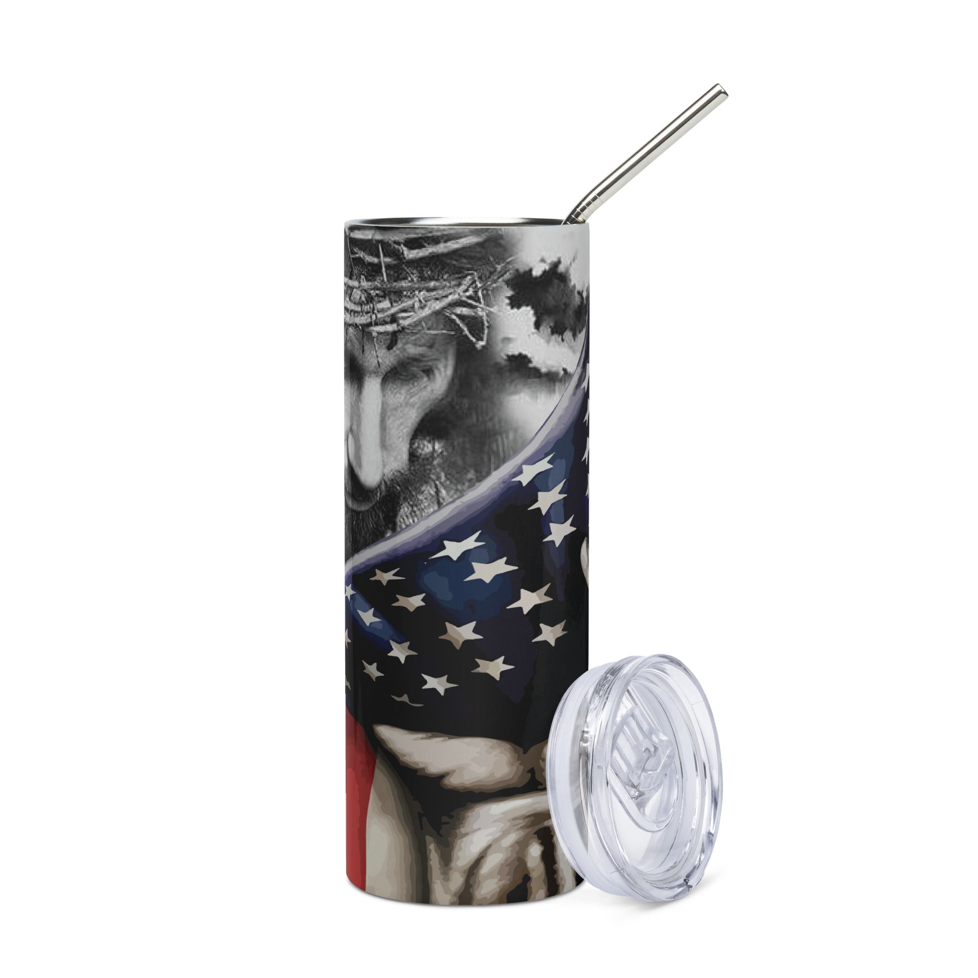 Patriotic Jesus Cross American Flag Tumbler 20 oz - Stainless Steel Straw - Jesus Passion Apparel