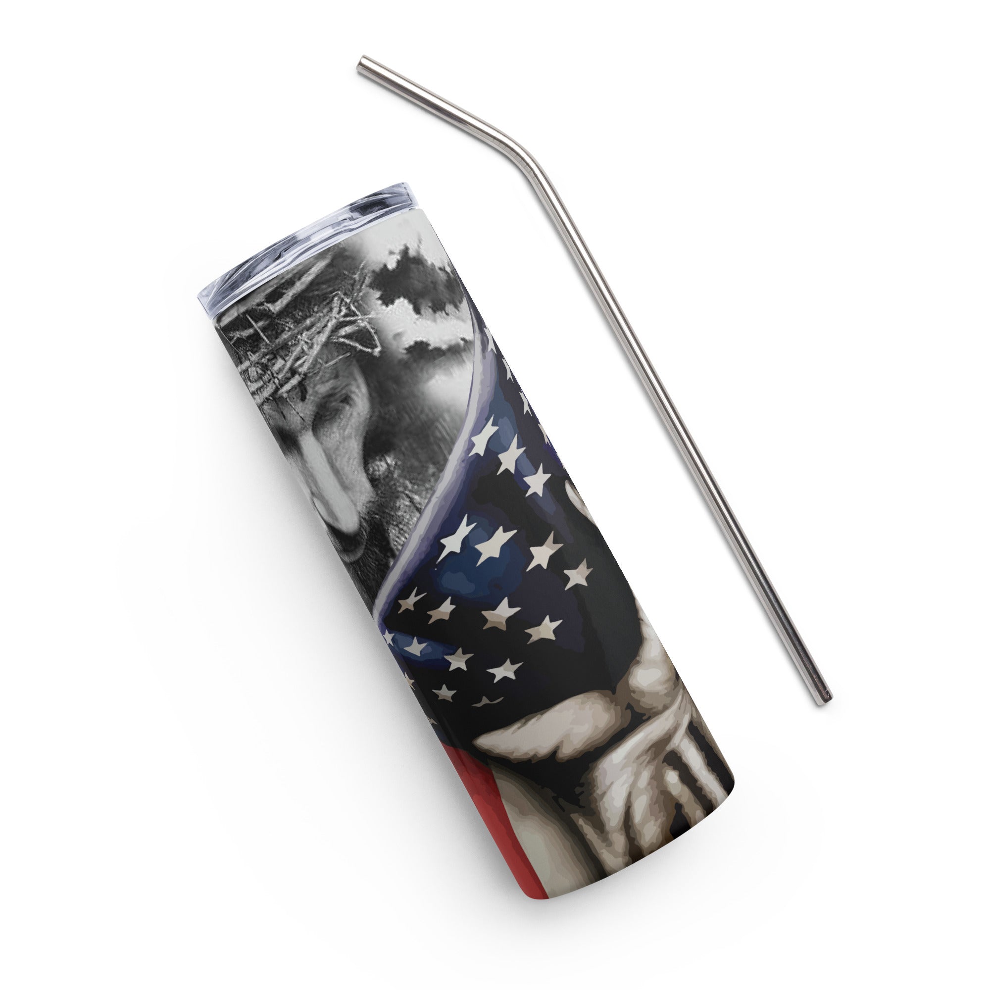 Patriotic Jesus Cross American Flag Tumbler 20 oz - Stainless Steel Straw - Jesus Passion Apparel