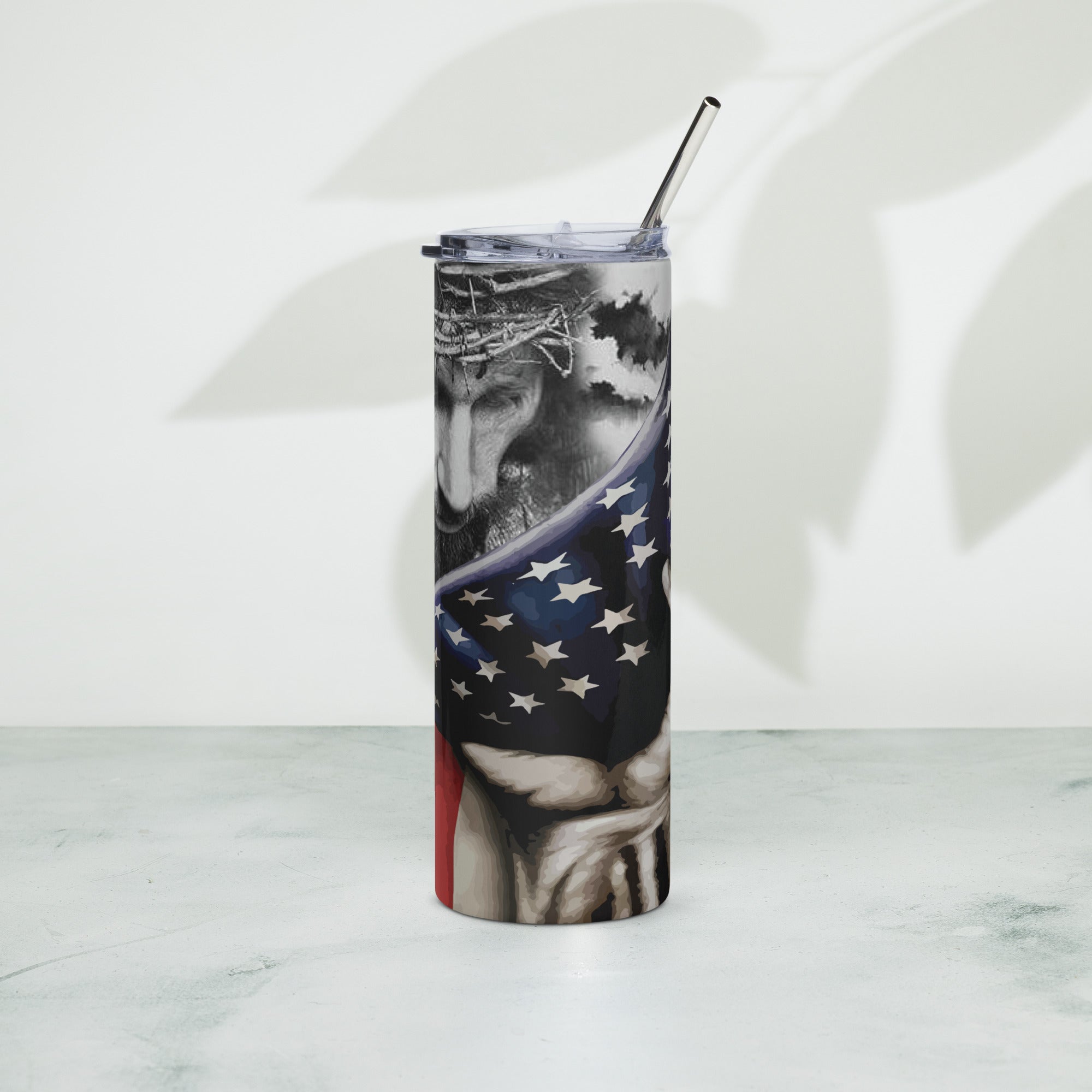 Patriotic Jesus Cross American Flag Tumbler 20 oz - Stainless Steel Straw - Jesus Passion Apparel