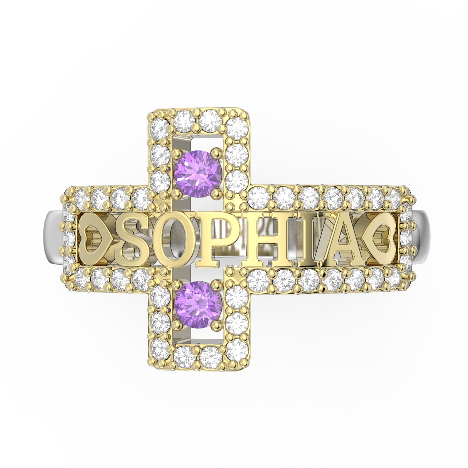 Personalized Name Birthstone Cross Ring Gold Plated, Rose Gold Plated - Jesus Passion Apparel