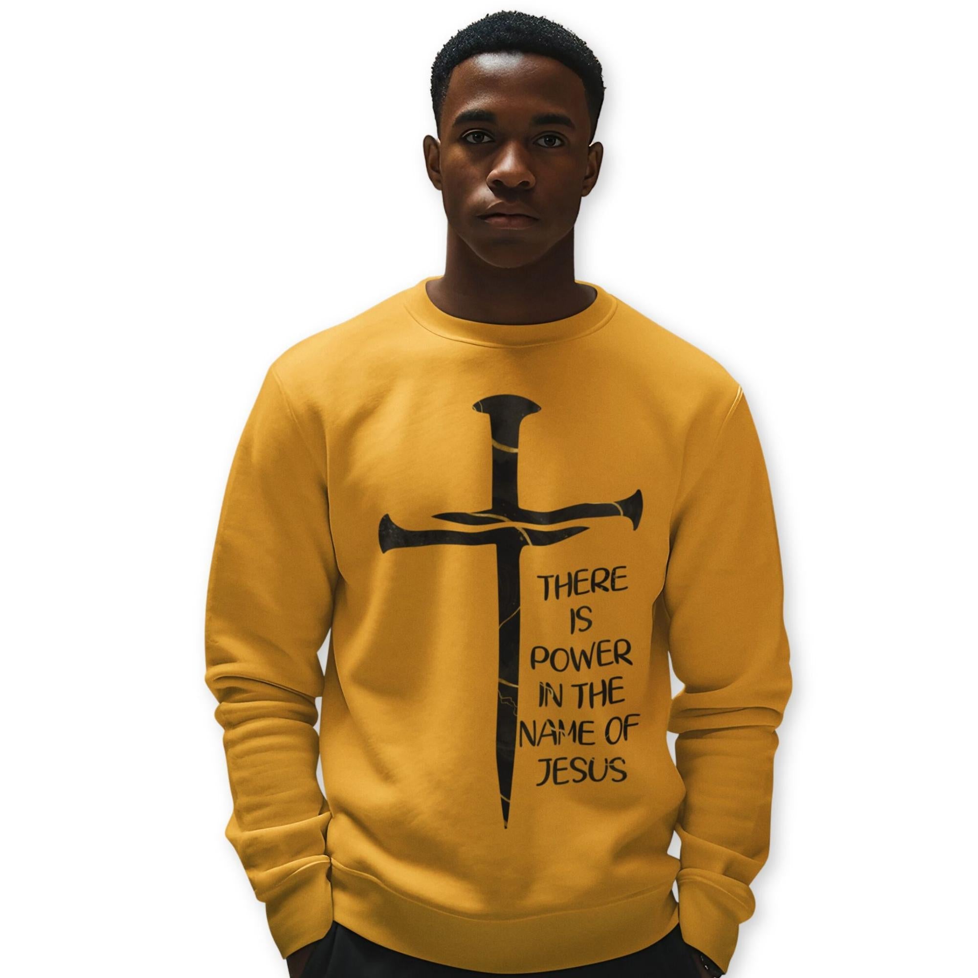 Power In the Name of Jesus Fleece Unisex - Fit Sweatshirt - Gold or Sand - Jesus Passion Apparel