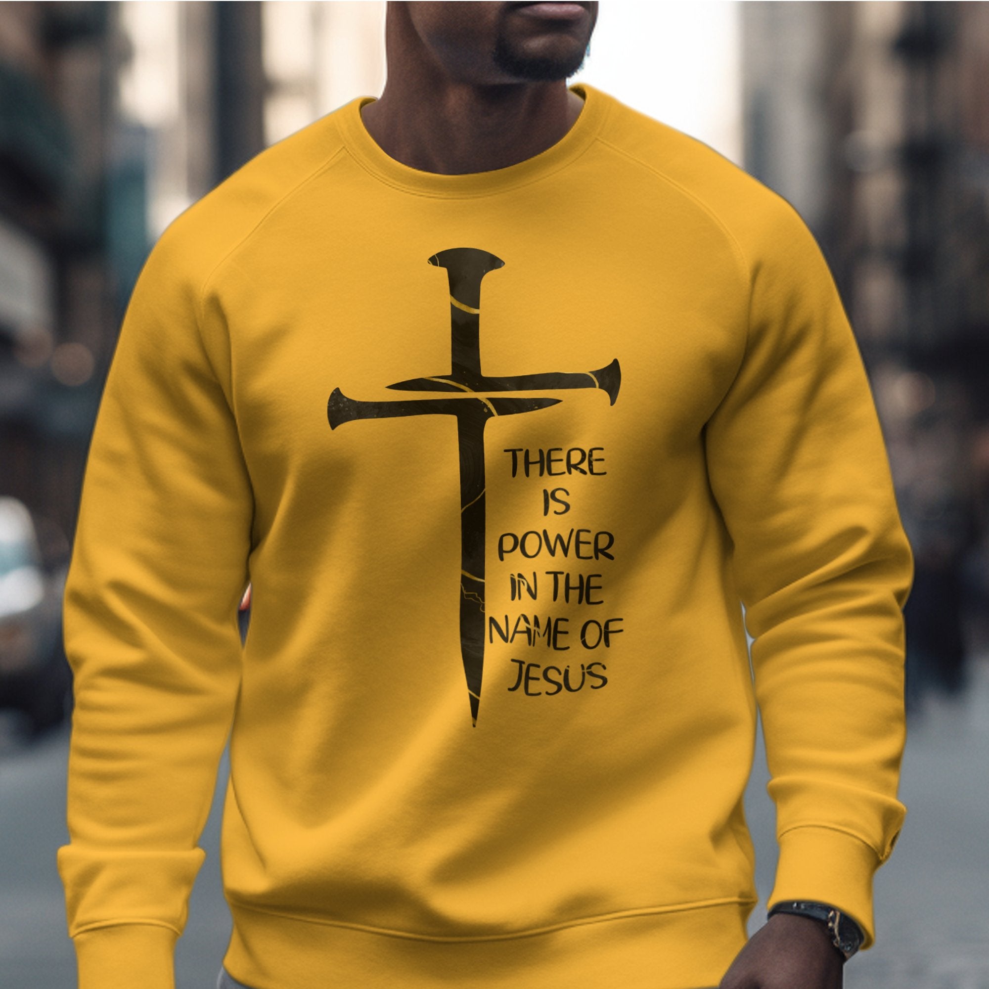 Power In the Name of Jesus Fleece Unisex - Fit Sweatshirt - Gold or Sand - Jesus Passion Apparel