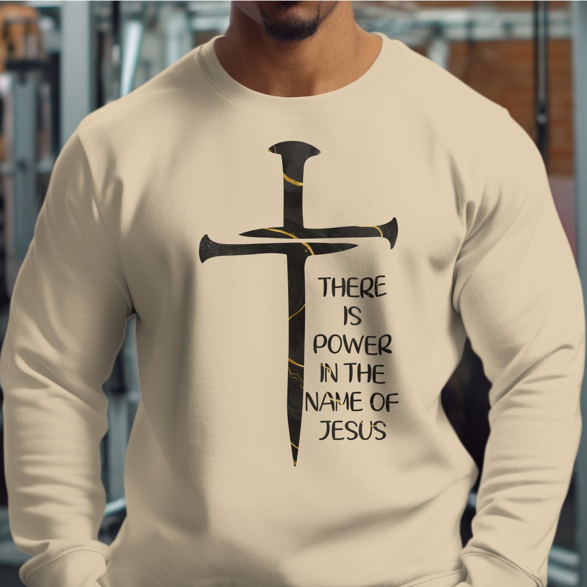 Power In the Name of Jesus Men's Fleece Unisex - Fit Sweatshirt - Sand - Jesus Passion Apparel