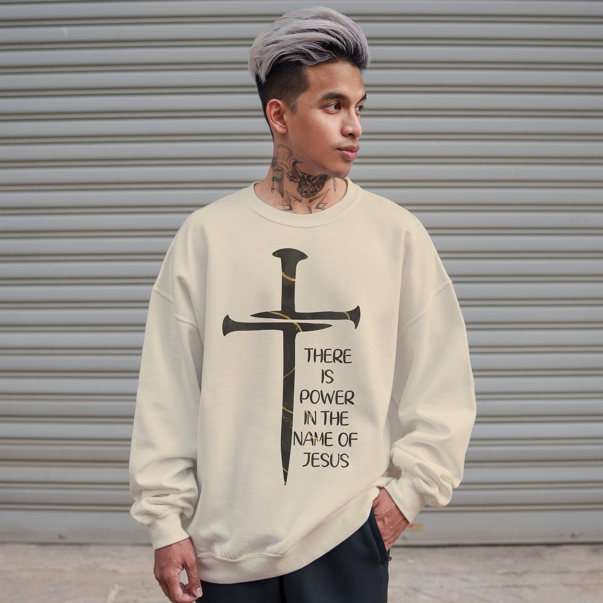 Power In the Name of Jesus Men's Fleece Unisex - Fit Sweatshirt - Sand - Jesus Passion Apparel