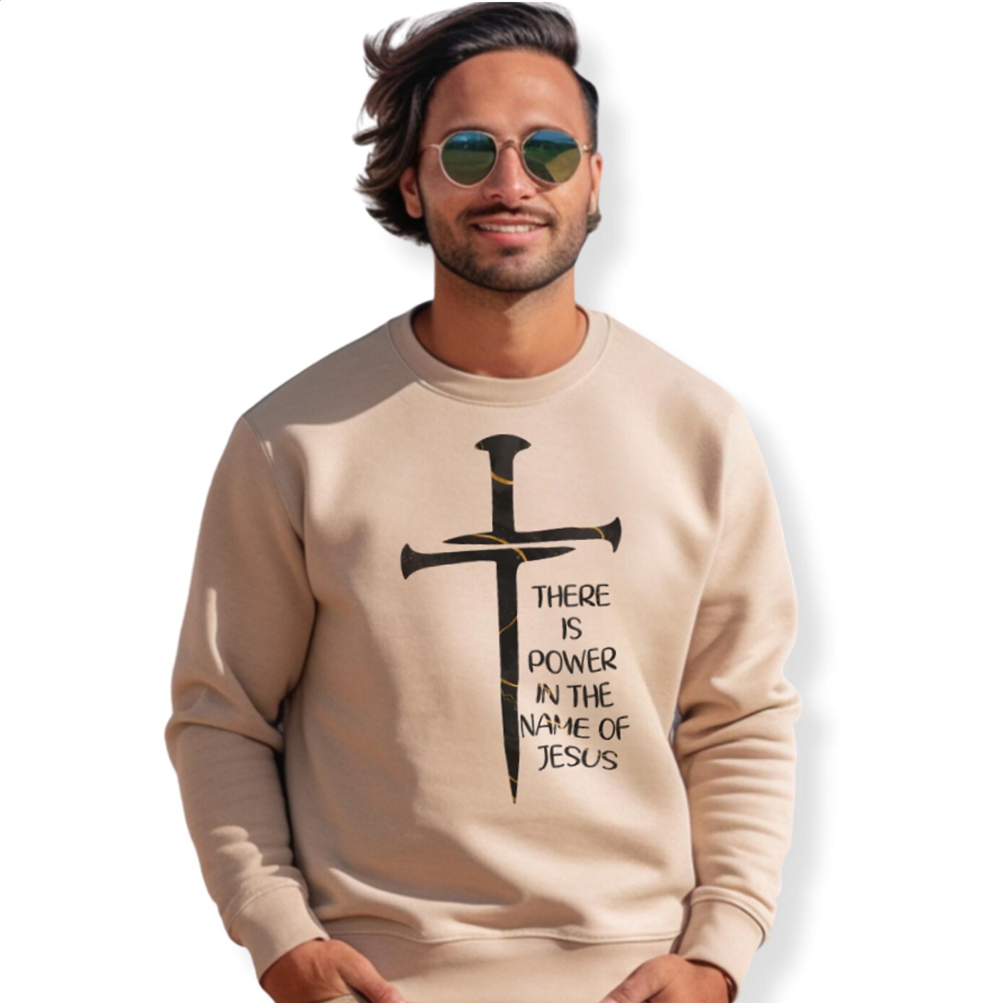 Power In the Name of Jesus Men's Fleece Unisex - Fit Sweatshirt - Sand - Jesus Passion Apparel