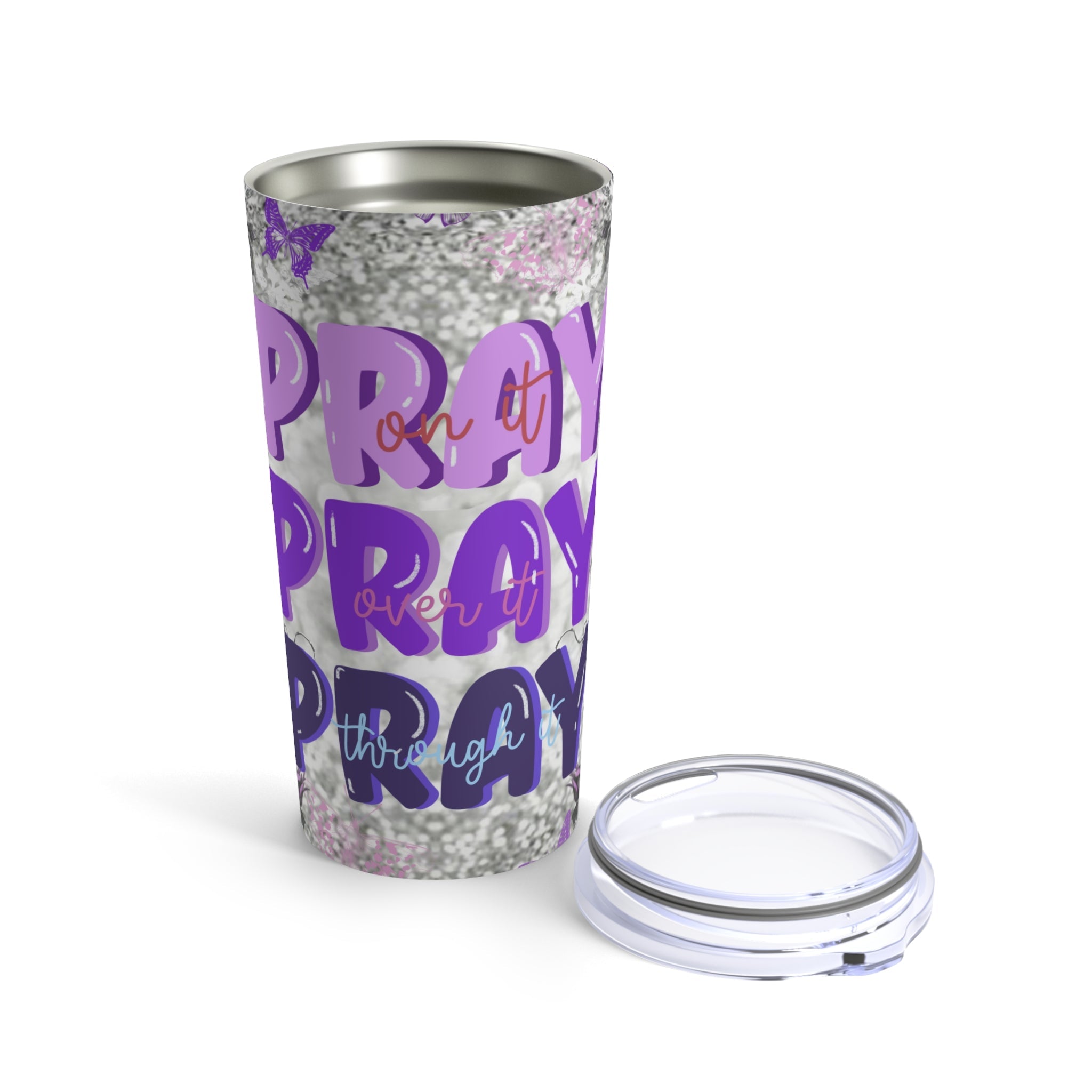 Pray On Over Through It Purple Roses Glitter Hot - Cold Tumbler 20 oz with Sip Lid - Jesus Passion Apparel