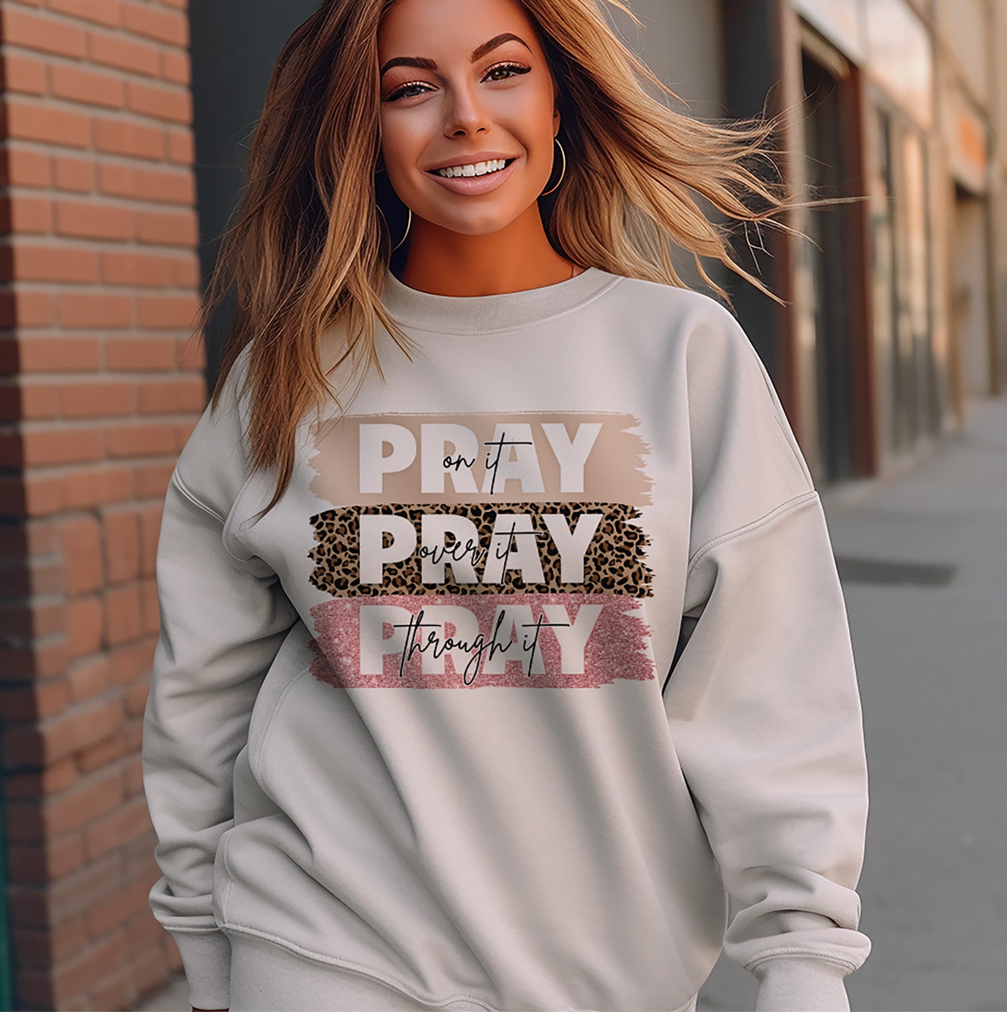 Pray Pray Pray Women's Fleece Unisex - Fit Sweatshirt with Leopard Print and Pink Glitter accents - Jesus Passion Apparel