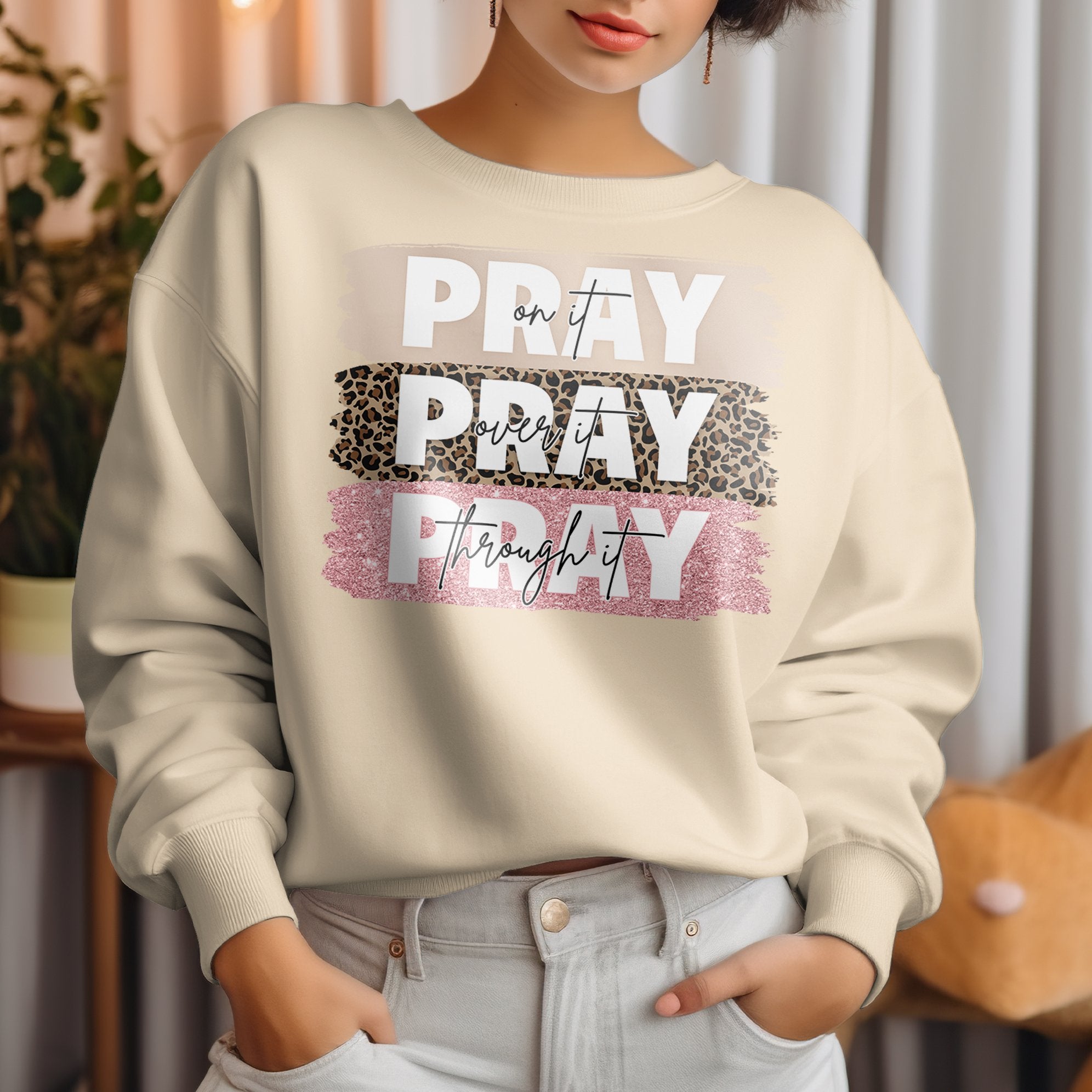 Pray Pray Pray Women's Fleece Unisex - Fit Sweatshirt with Leopard Print and Pink Glitter accents - Jesus Passion Apparel