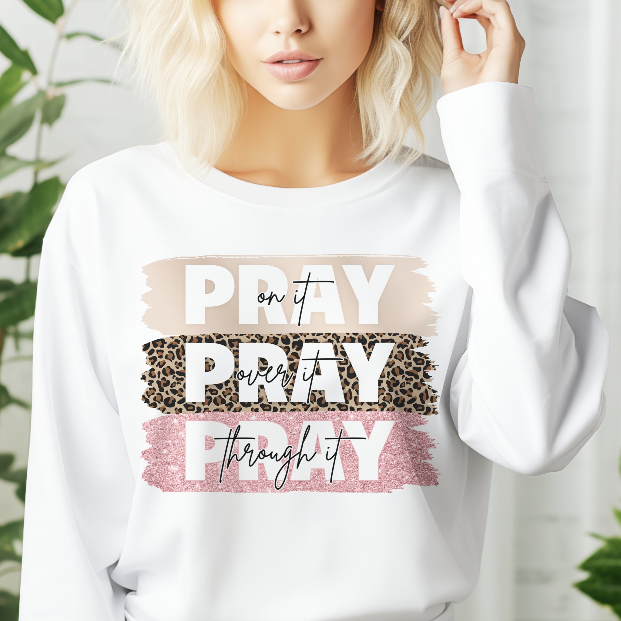 Pray Pray Pray Women's Fleece Unisex - Fit Sweatshirt with Leopard Print and Pink Glitter accents - Jesus Passion Apparel