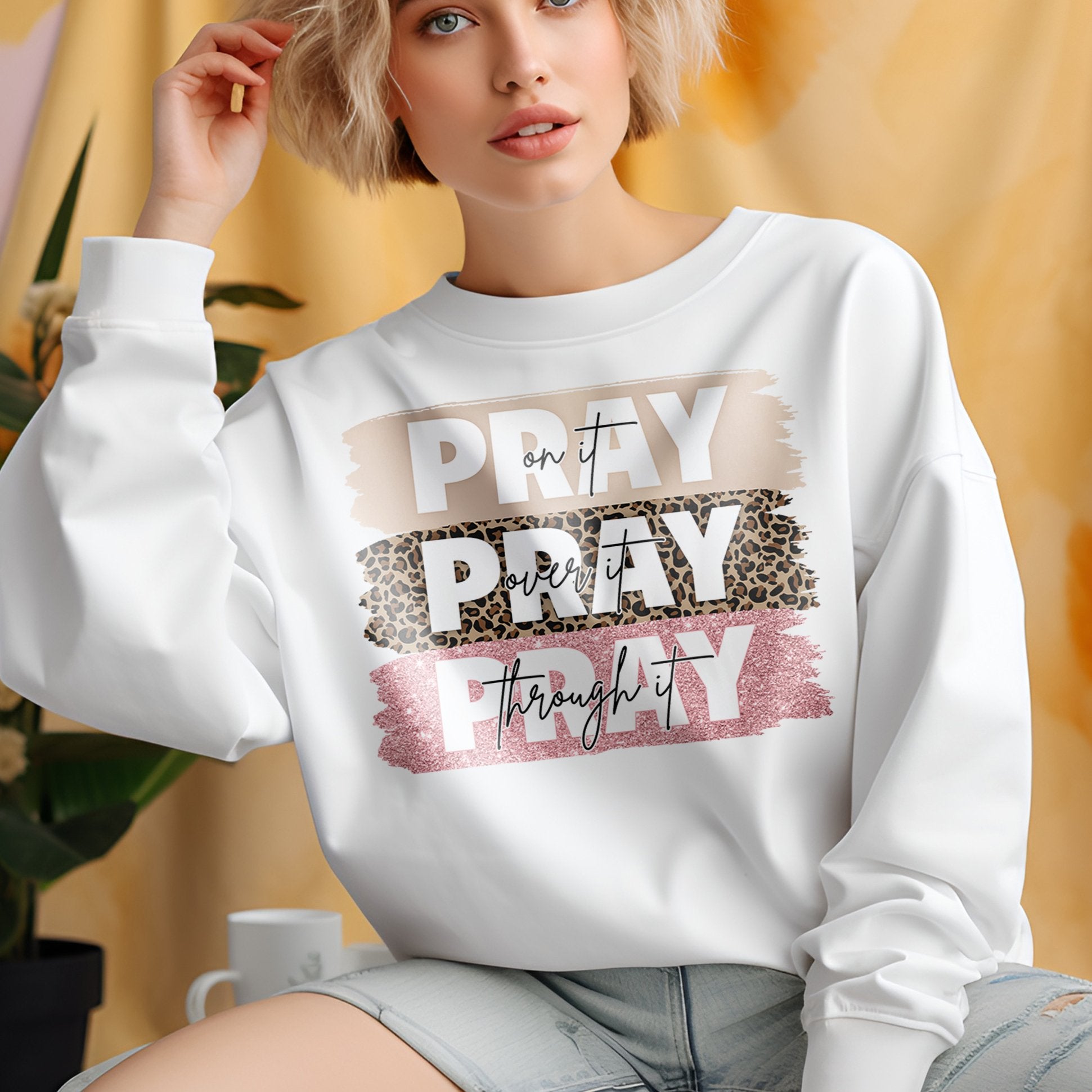 Pray Pray Pray Women's Fleece Unisex - Fit Sweatshirt with Leopard Print and Pink Glitter accents - Jesus Passion Apparel