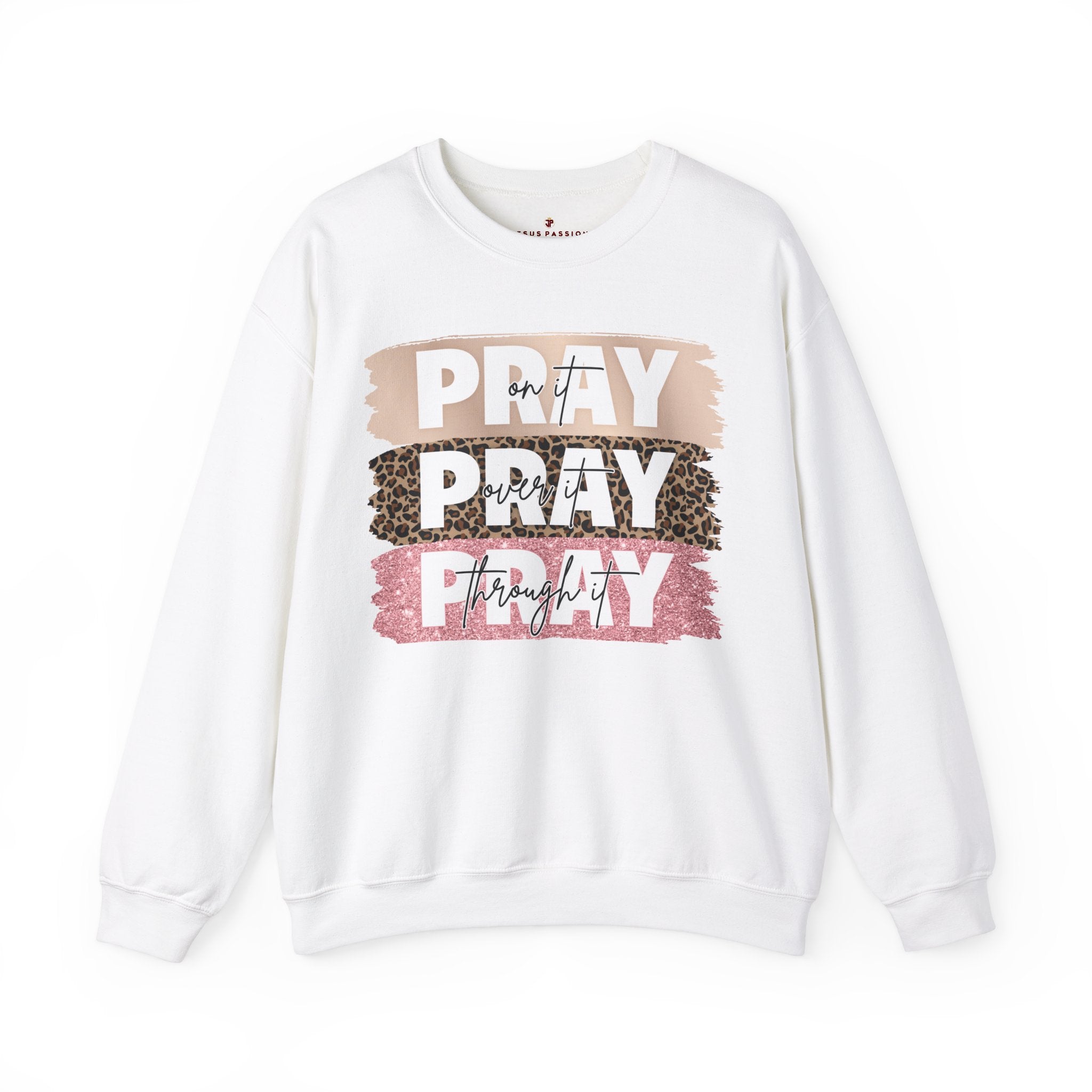 Pray Pray Pray Women's Fleece Unisex - Fit Sweatshirt with Leopard Print and Pink Glitter accents - Jesus Passion Apparel