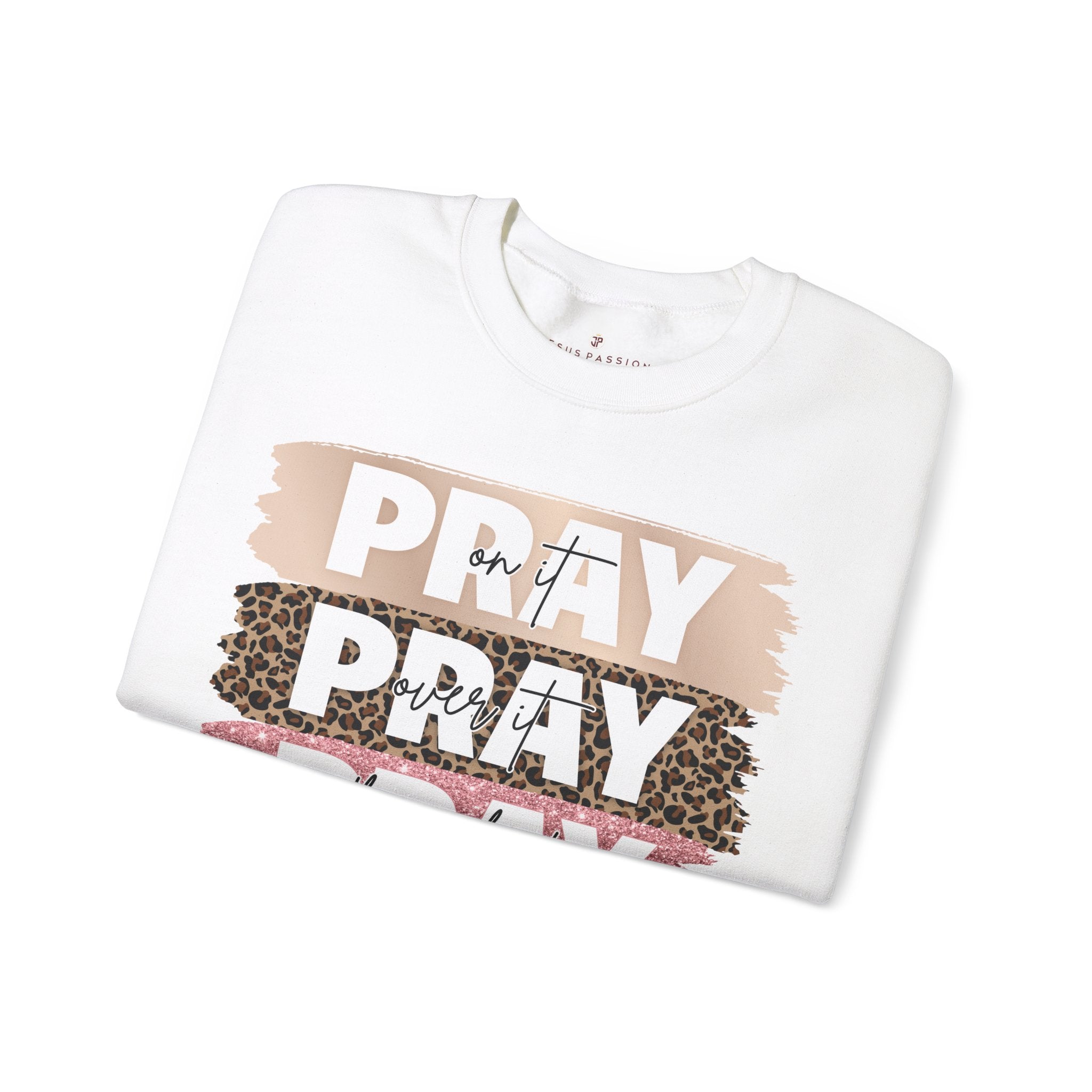 Pray Pray Pray Women's Fleece Unisex - Fit Sweatshirt with Leopard Print and Pink Glitter accents - Jesus Passion Apparel