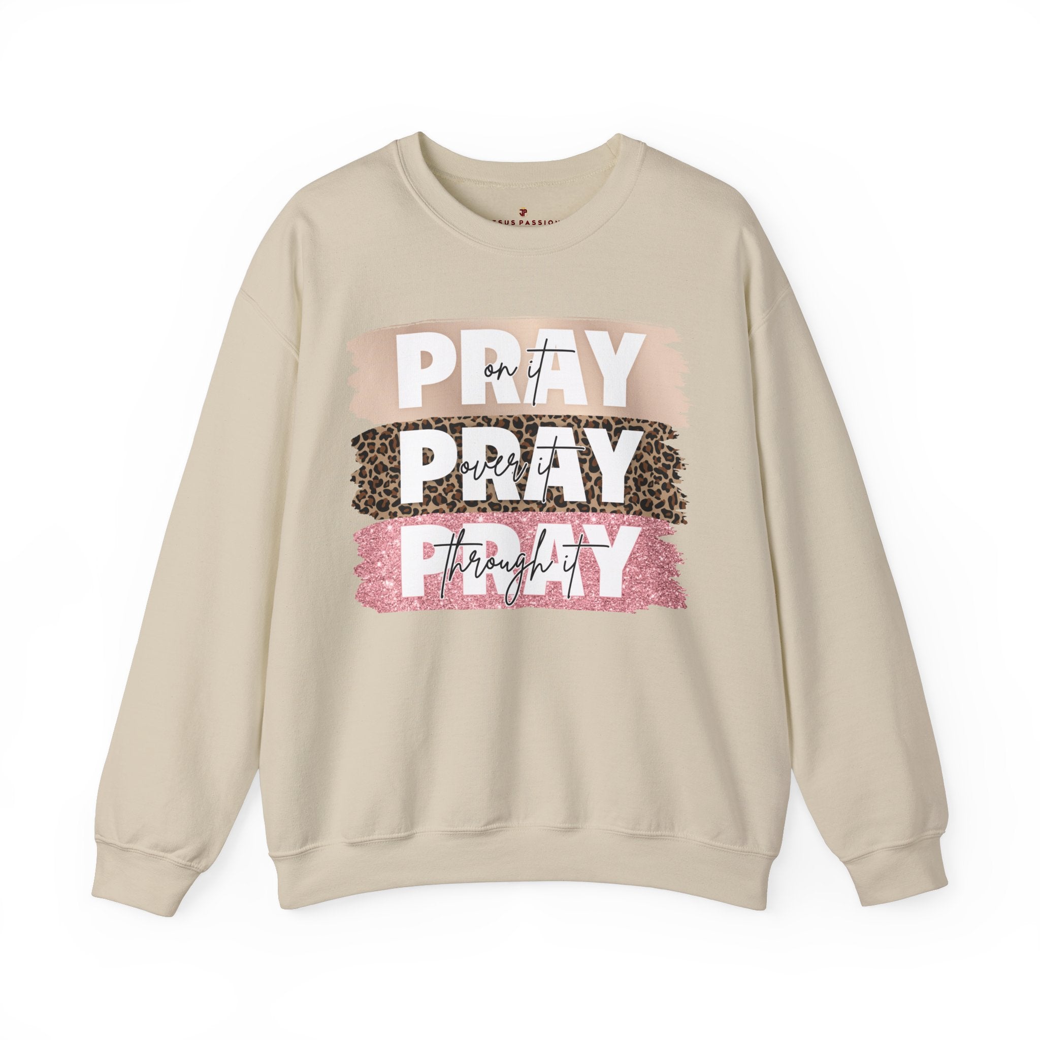 Pray Pray Pray Women's Fleece Unisex - Fit Sweatshirt with Leopard Print and Pink Glitter accents - Jesus Passion Apparel