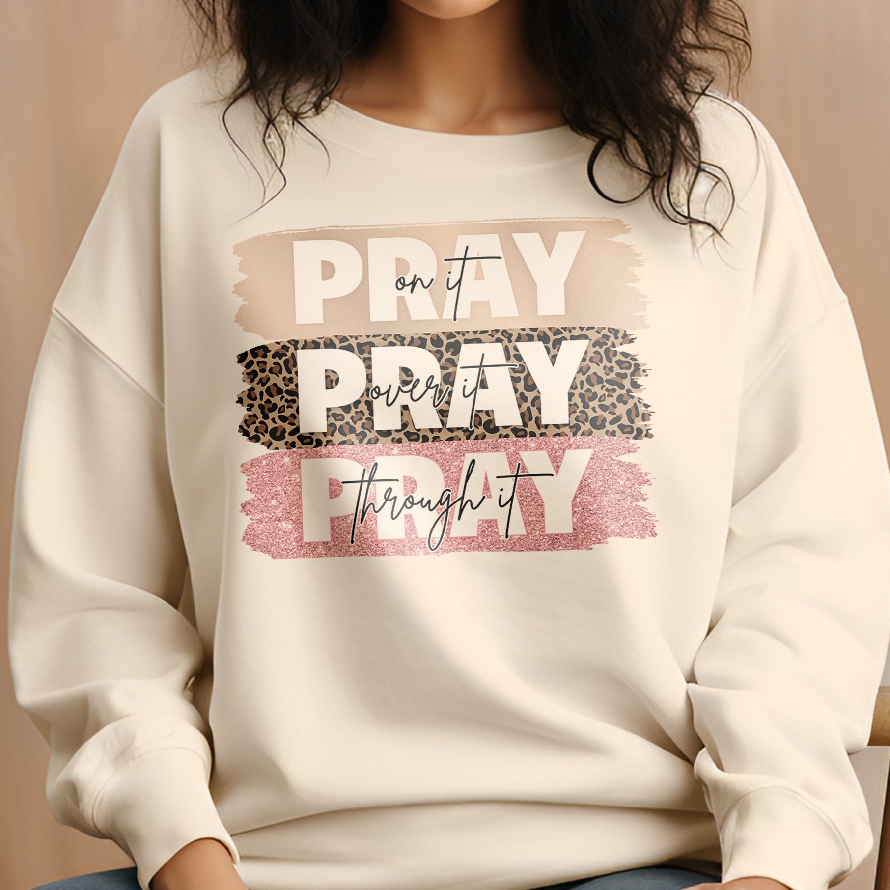 Pray Pray Pray Women's Fleece Unisex - Fit Sweatshirt with Leopard Print and Pink Glitter accents - Jesus Passion Apparel