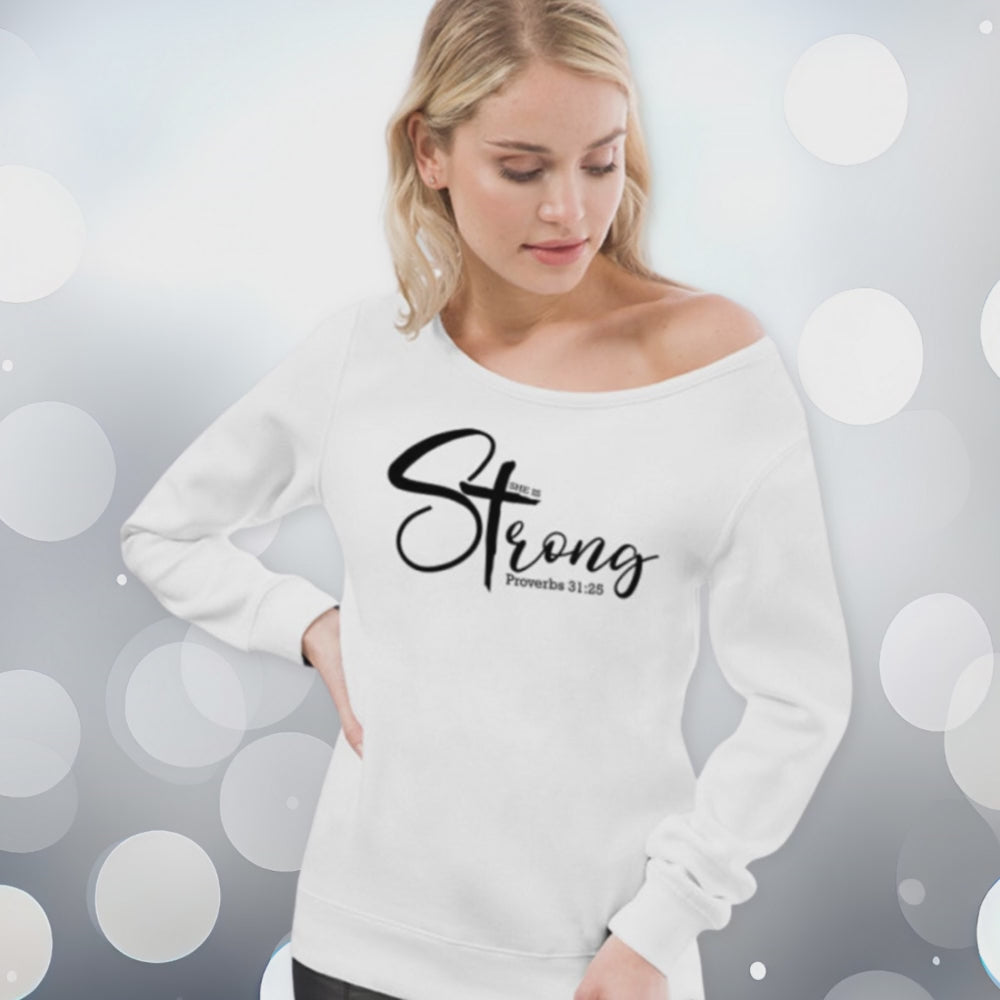 She is Strong Women's Off The Shoulder Tops Sweatshirt Size: S Color: White Jesus Passion Apparel