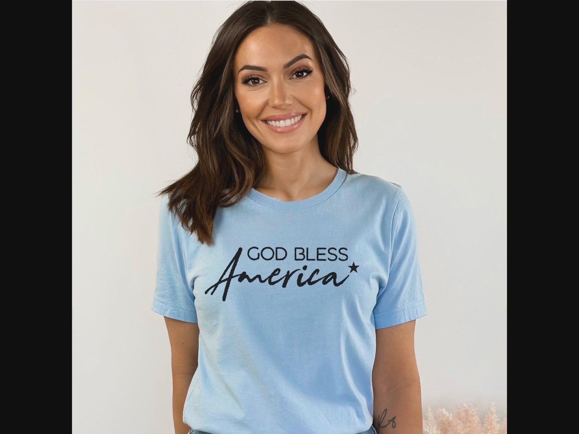 God Bless America Women's Short Sleeve Patriotic T-shirt Size: XS Color: Baby Blue Jesus Passion Apparel