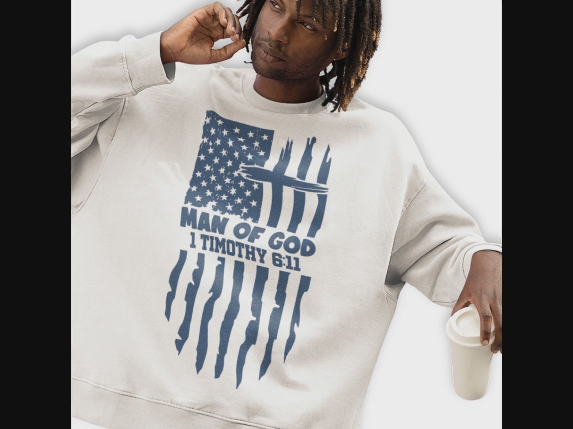 Man of God American Flag Men's Unisex-Fit Fleece Sweatshirt - White Size: S Color: White Jesus Passion Apparel