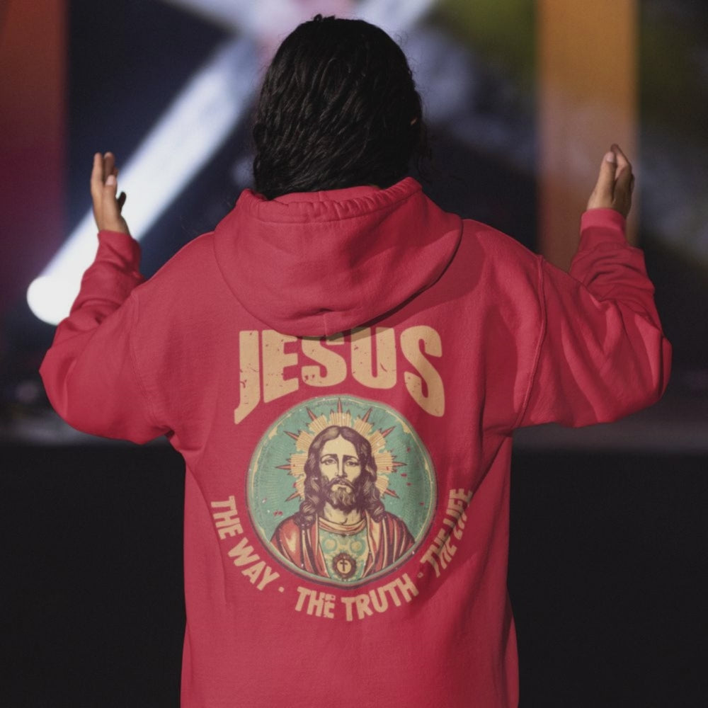 Jesus - The Way, Truth, Life Retro-Inspired Women's Jacket Heavy Blend™ Full Zip Hooded Sweatshirt Size: S Color: Red Jesus Passion Apparel