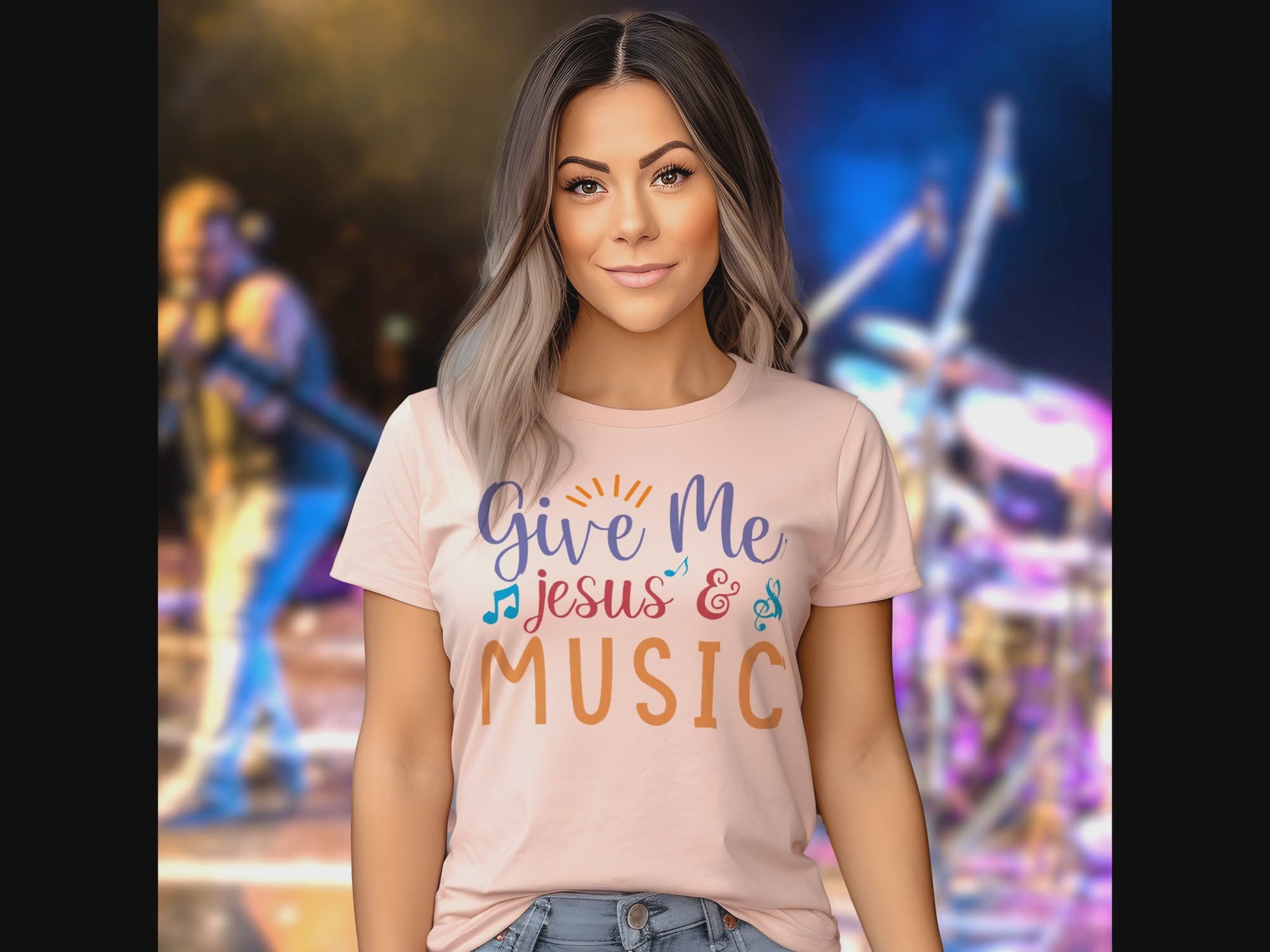 Give Me Music and Jesus Colorful Detail Women's Jersey Short Sleeve T-Shirt Size: XS Color: Athletic Heather Jesus Passion Apparel